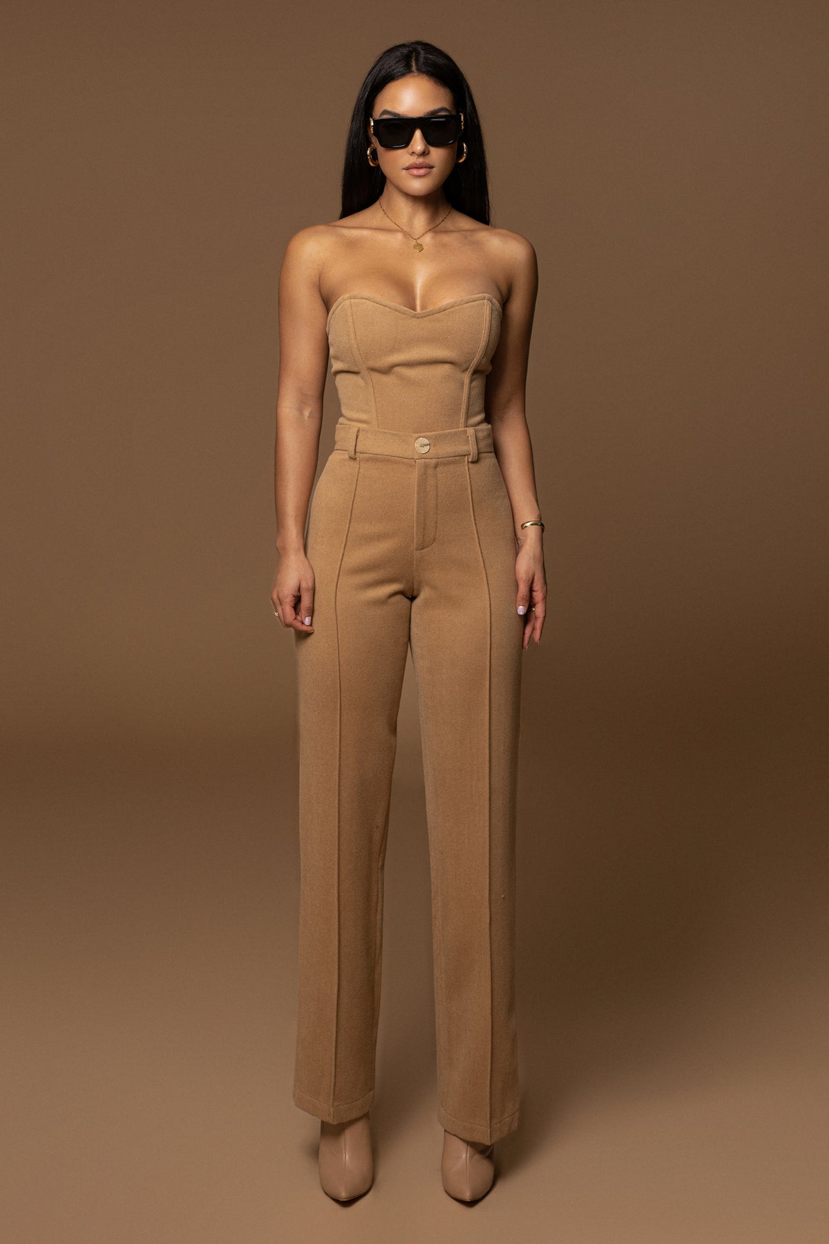 Beige JLUXLABEL All You Need Woven Corset top with fitted design and textured fabric, shown on a mannequin.