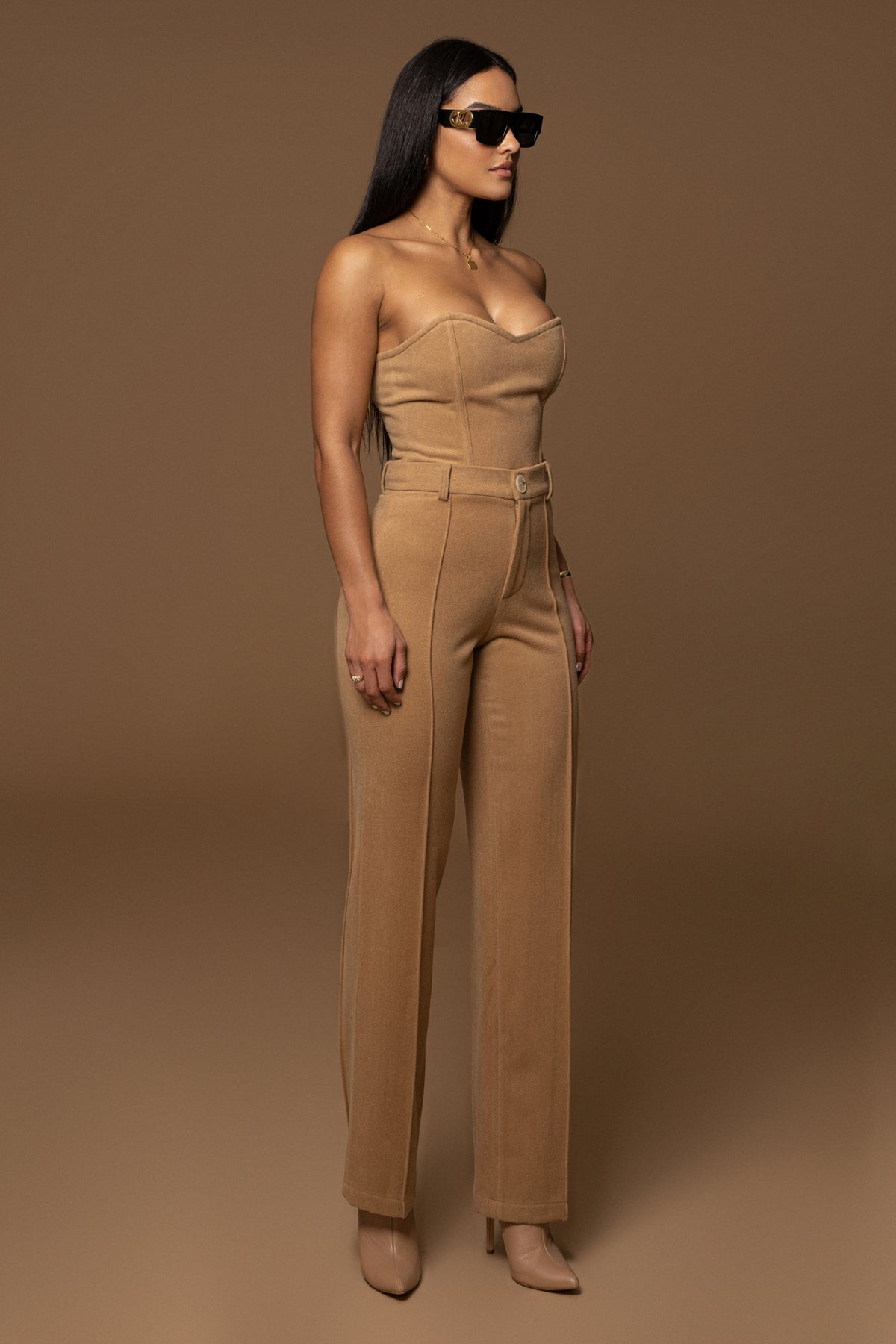 Beige JLUXLABEL All You Need Woven Corset top with structured design and adjustable straps, perfect for stylish winter outfits.