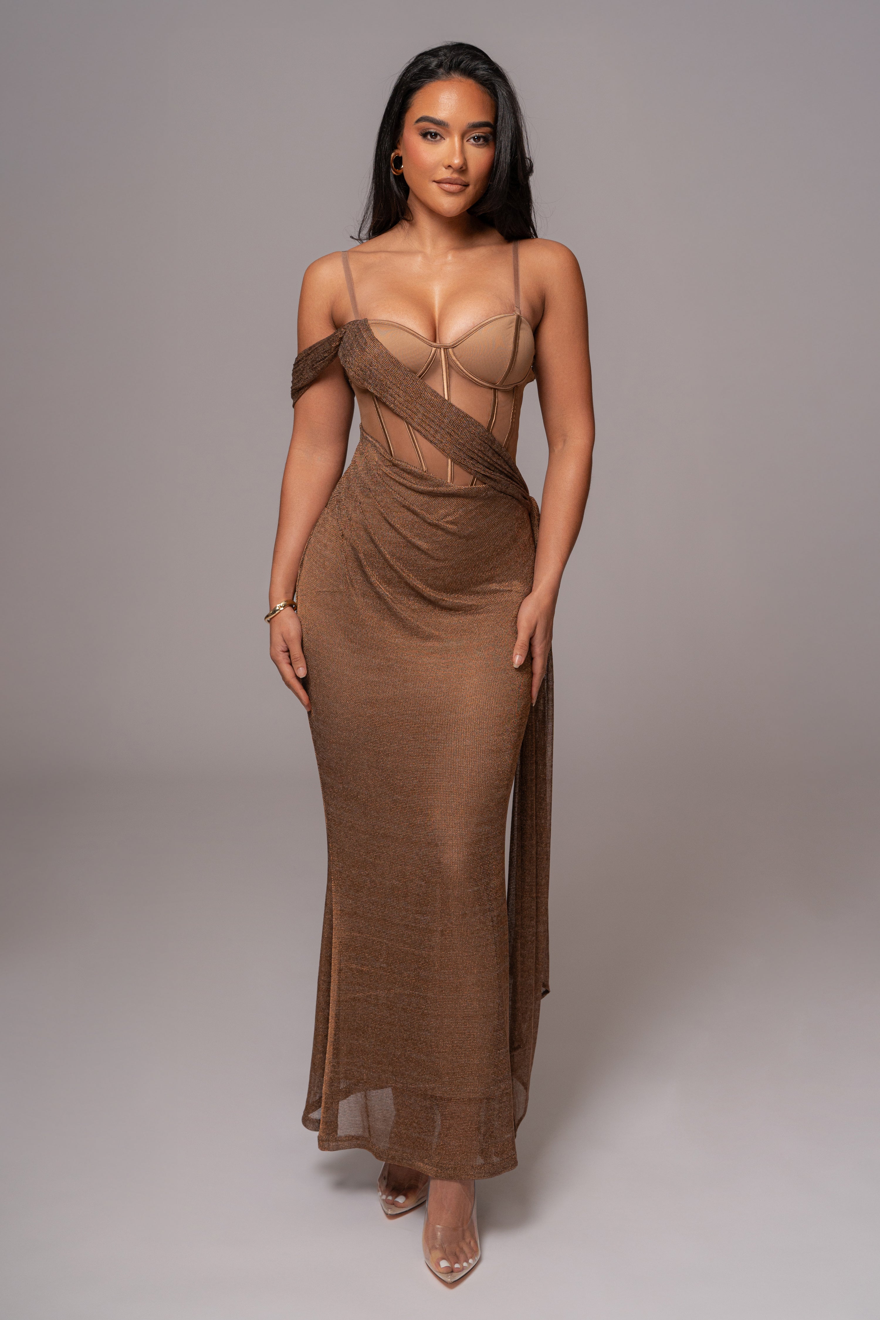 Bronze Metallic Corset Maxi Dress - JLUXLABEL