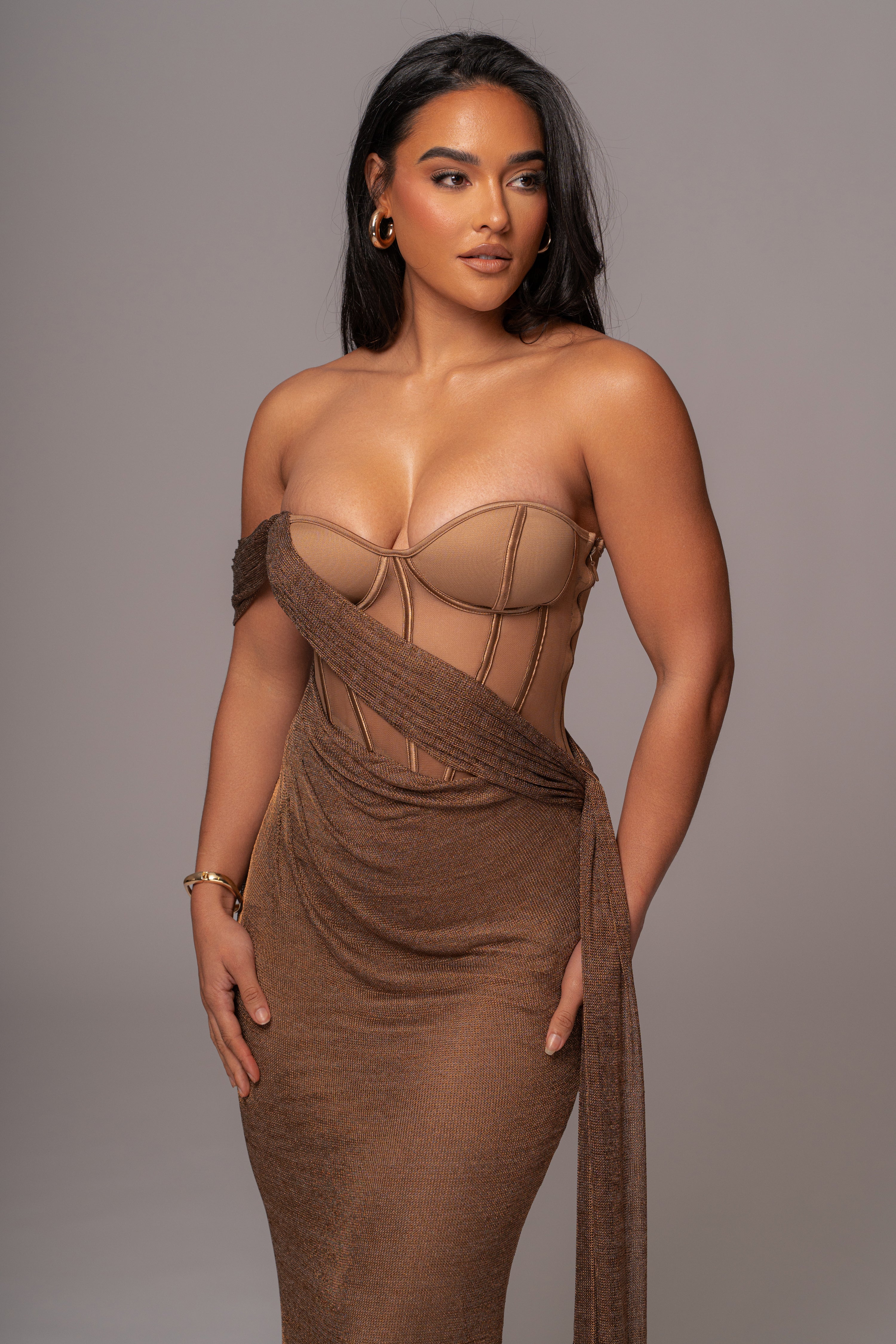 Bronze Metallic Corset Maxi Dress - JLUXLABEL