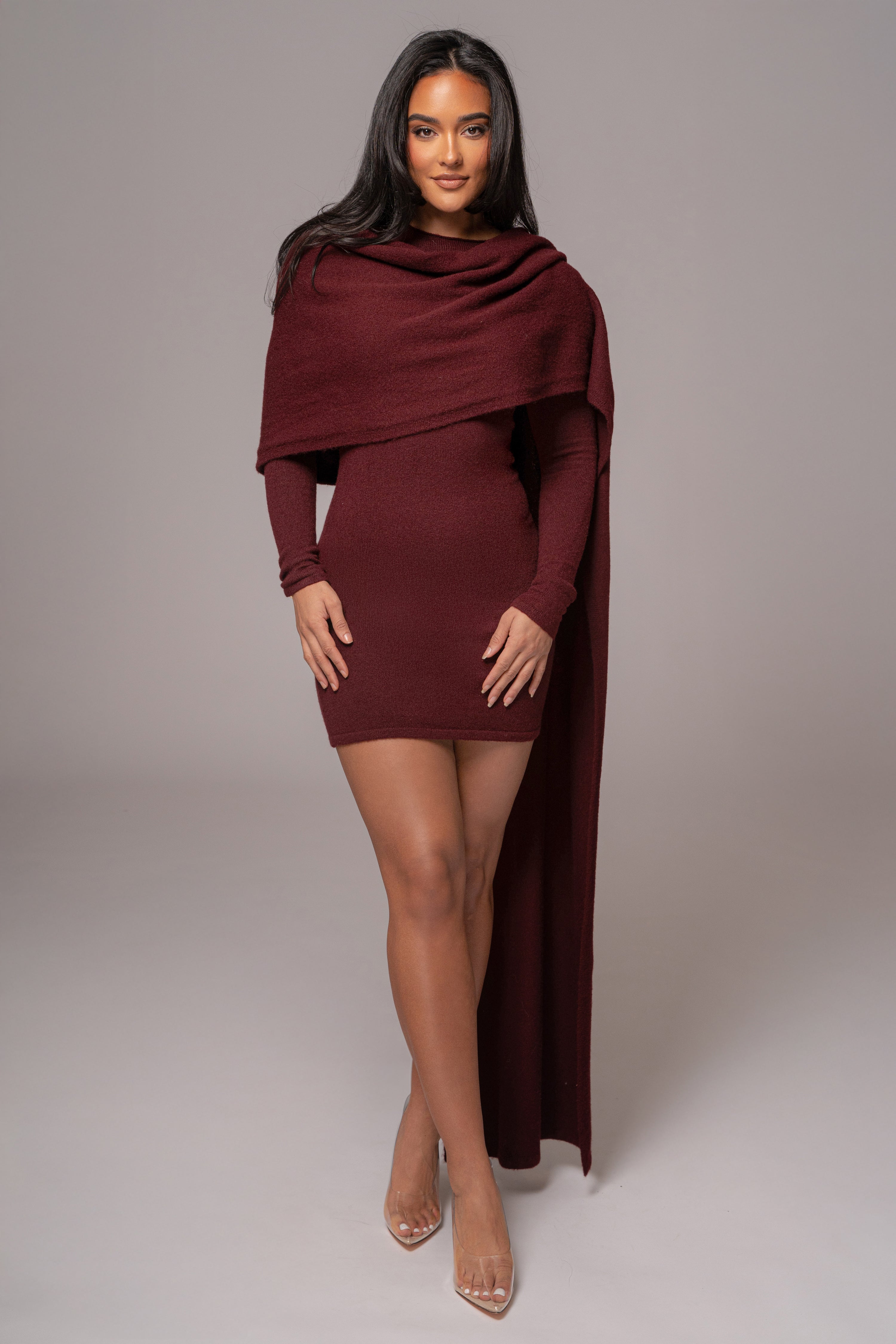 Burgundy Scarf Draped Mini Dress - JLUXLABEL