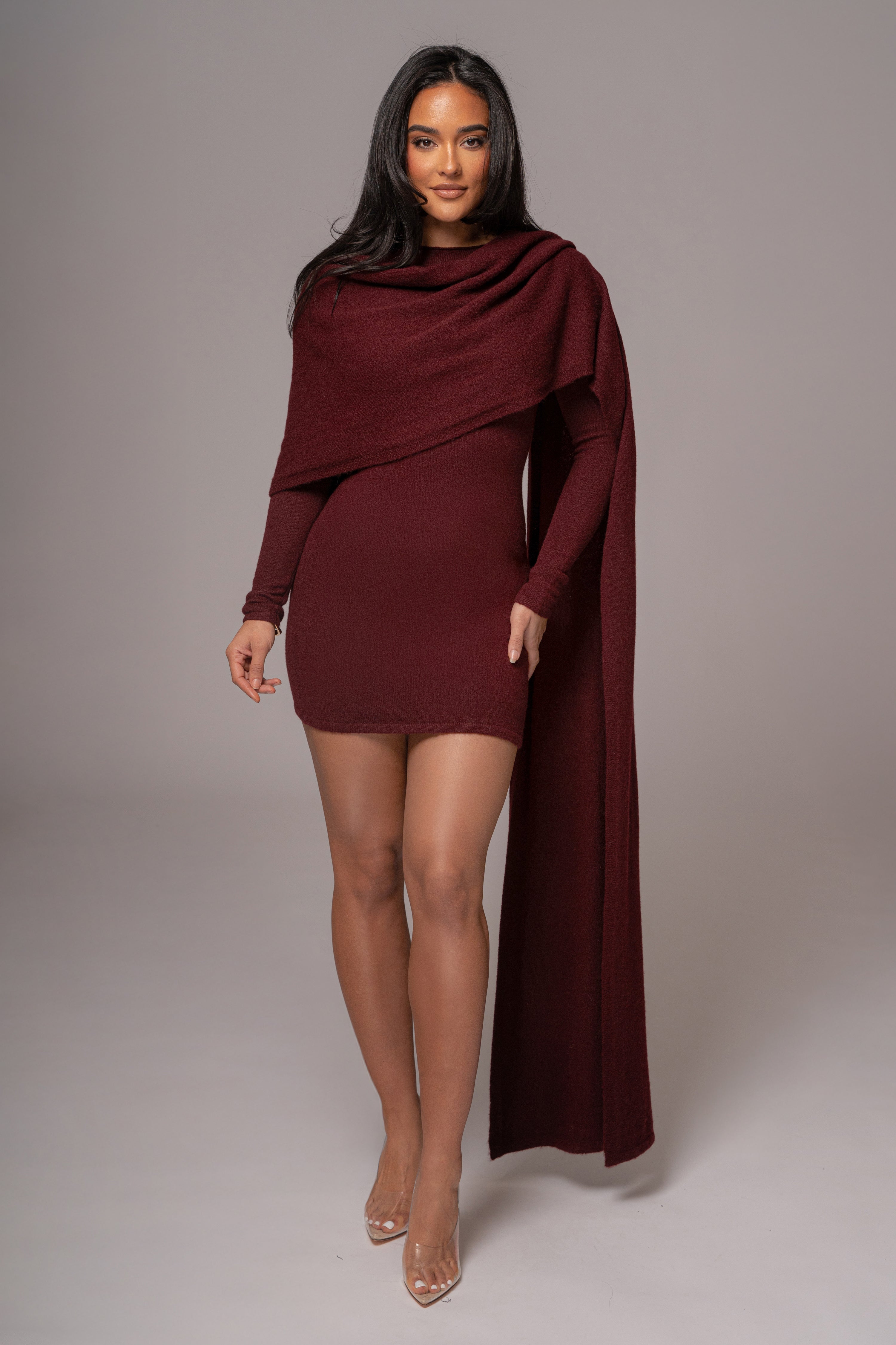 Burgundy Scarf Draped Mini Dress - JLUXLABEL