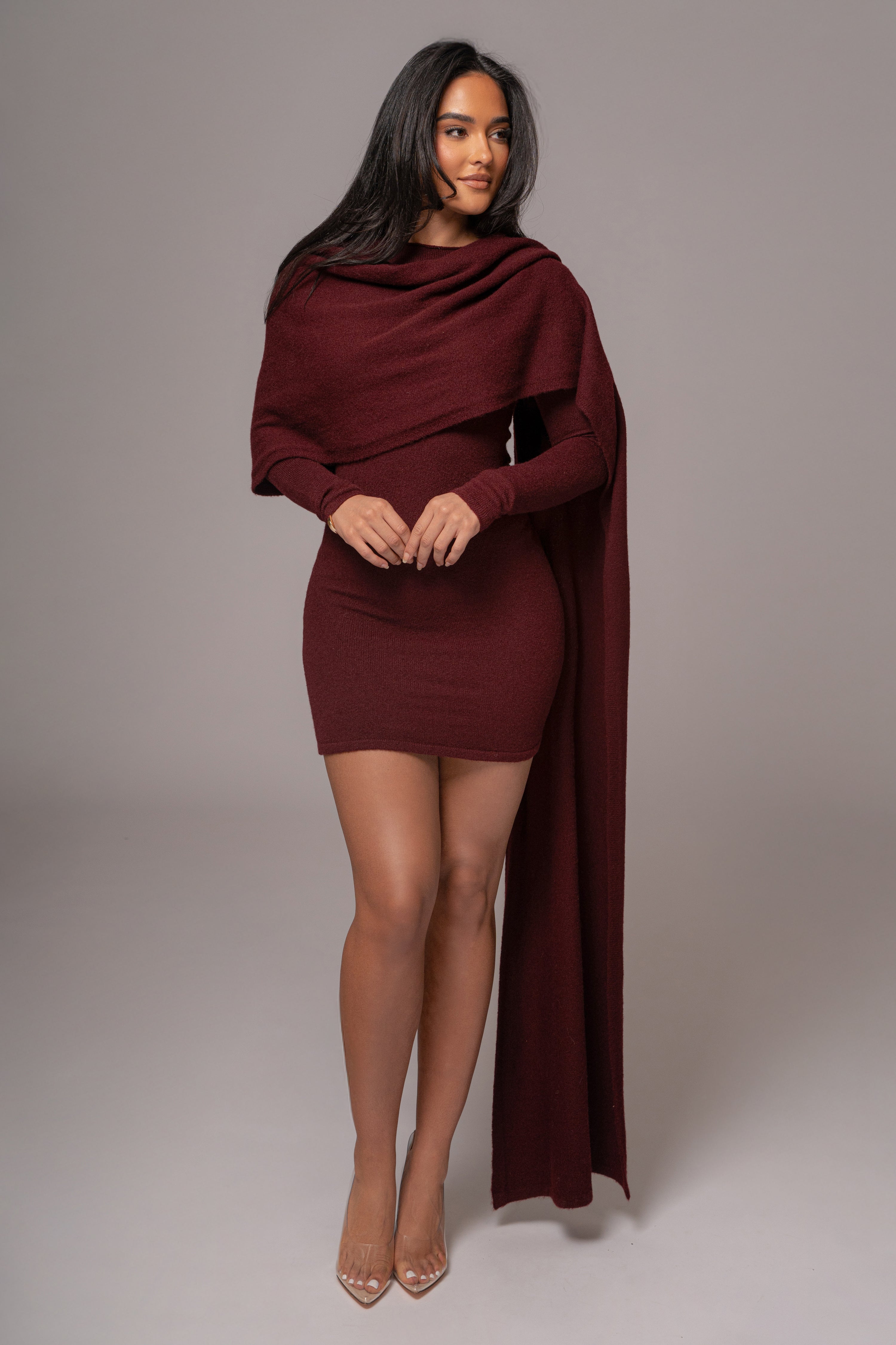 Burgundy Scarf Draped Mini Dress - JLUXLABEL
