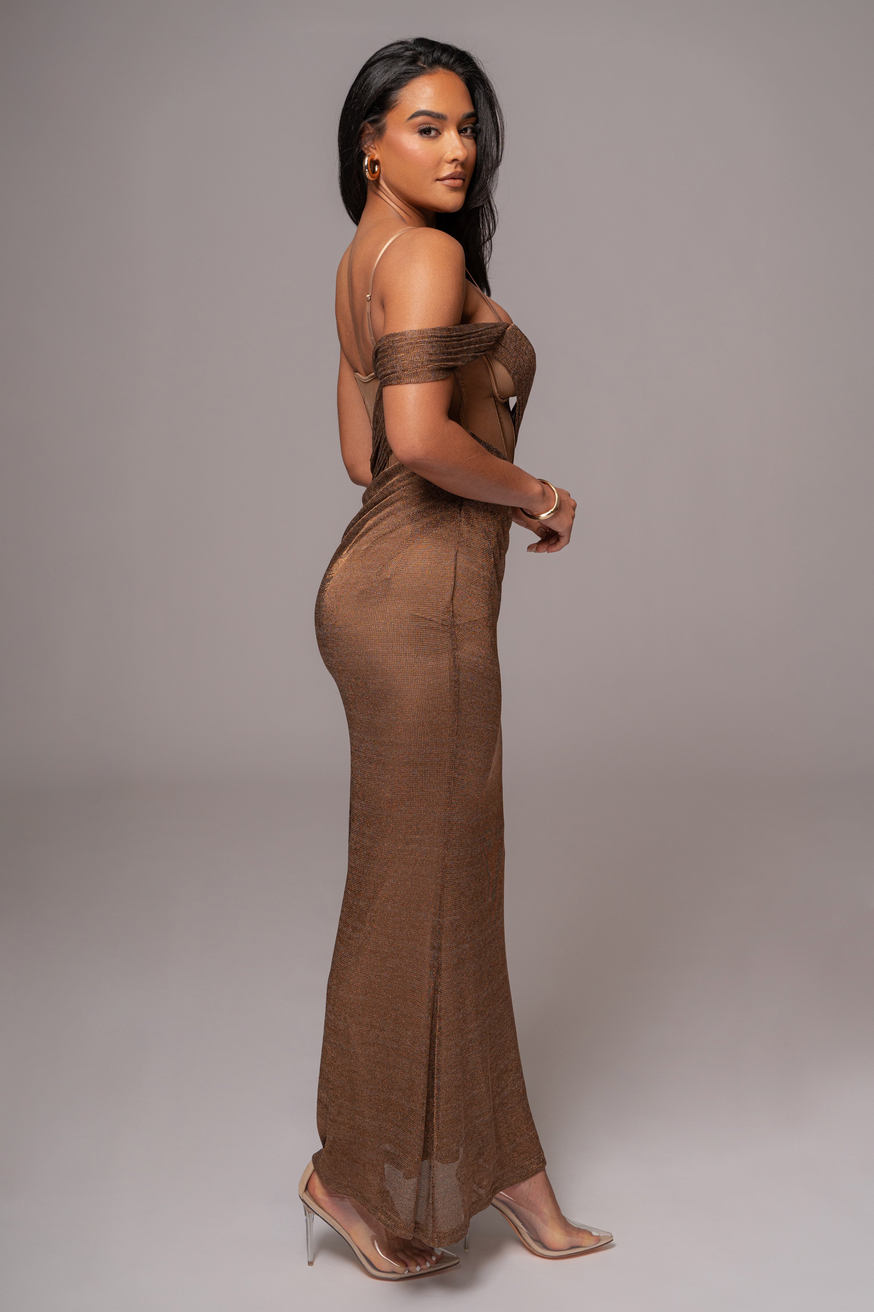Bronze Metallic Corset Maxi Dress - JLUXLABEL