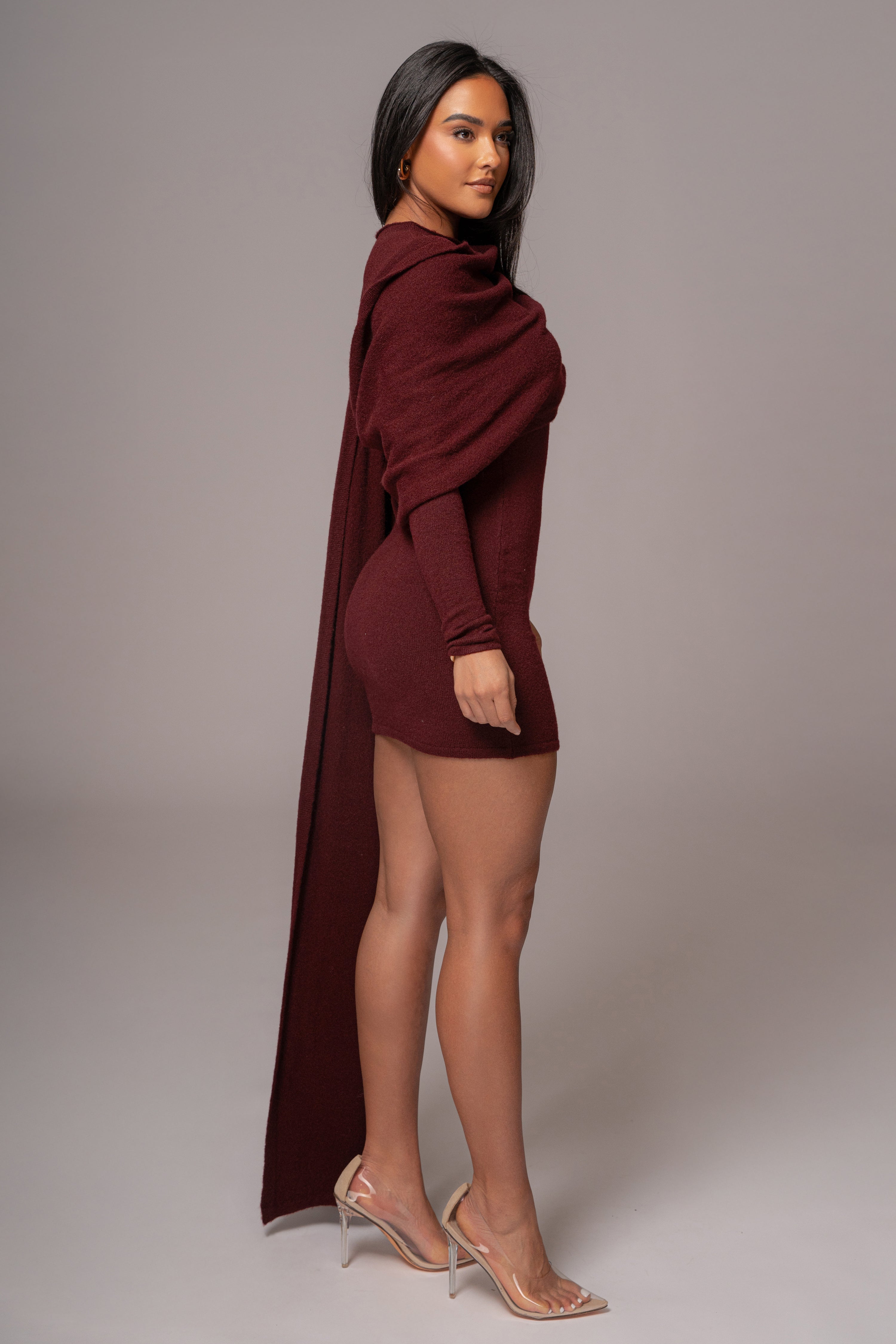 Burgundy Scarf Draped Mini Dress - JLUXLABEL