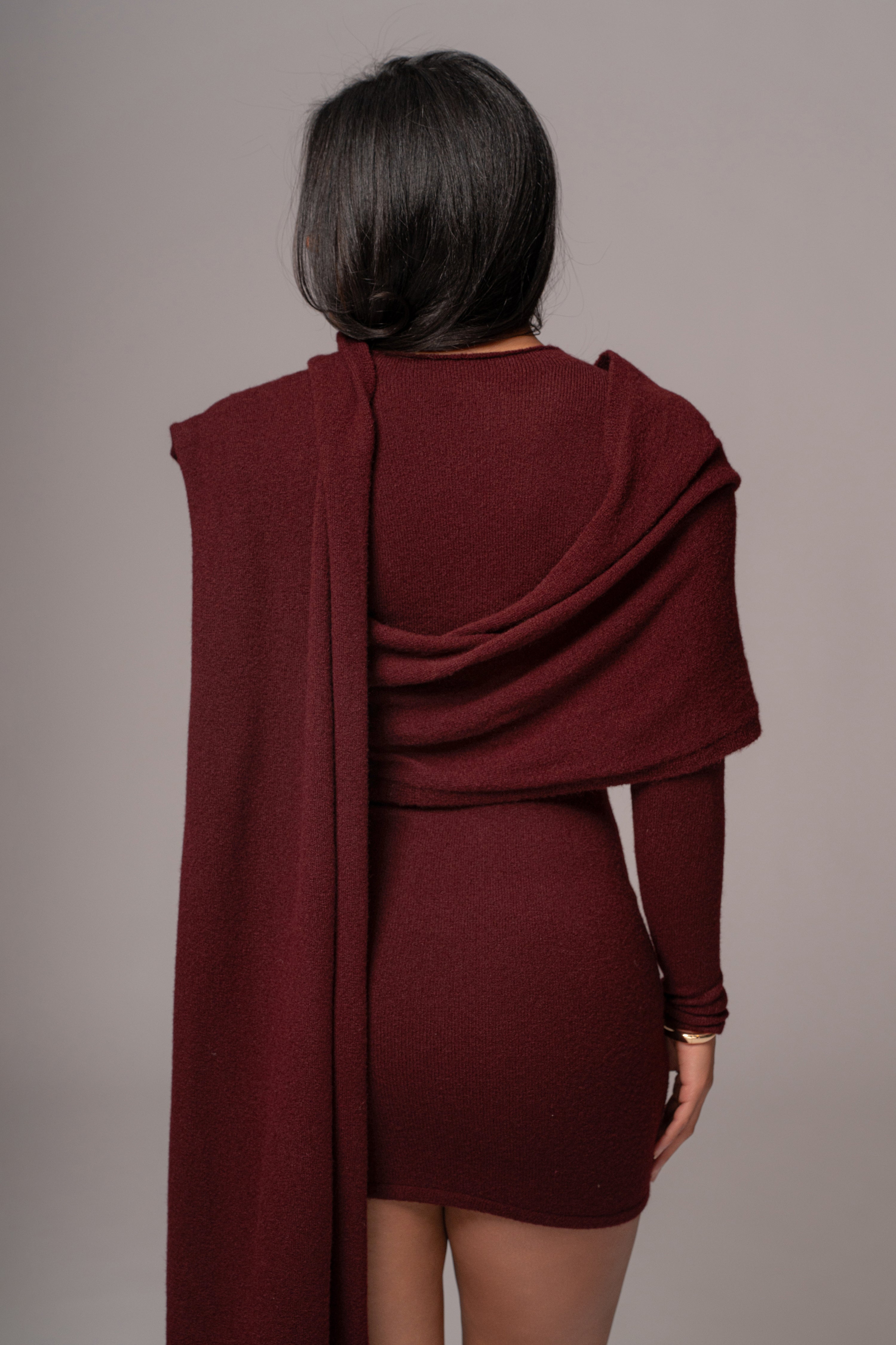 Burgundy Scarf Draped Mini Dress - JLUXLABEL