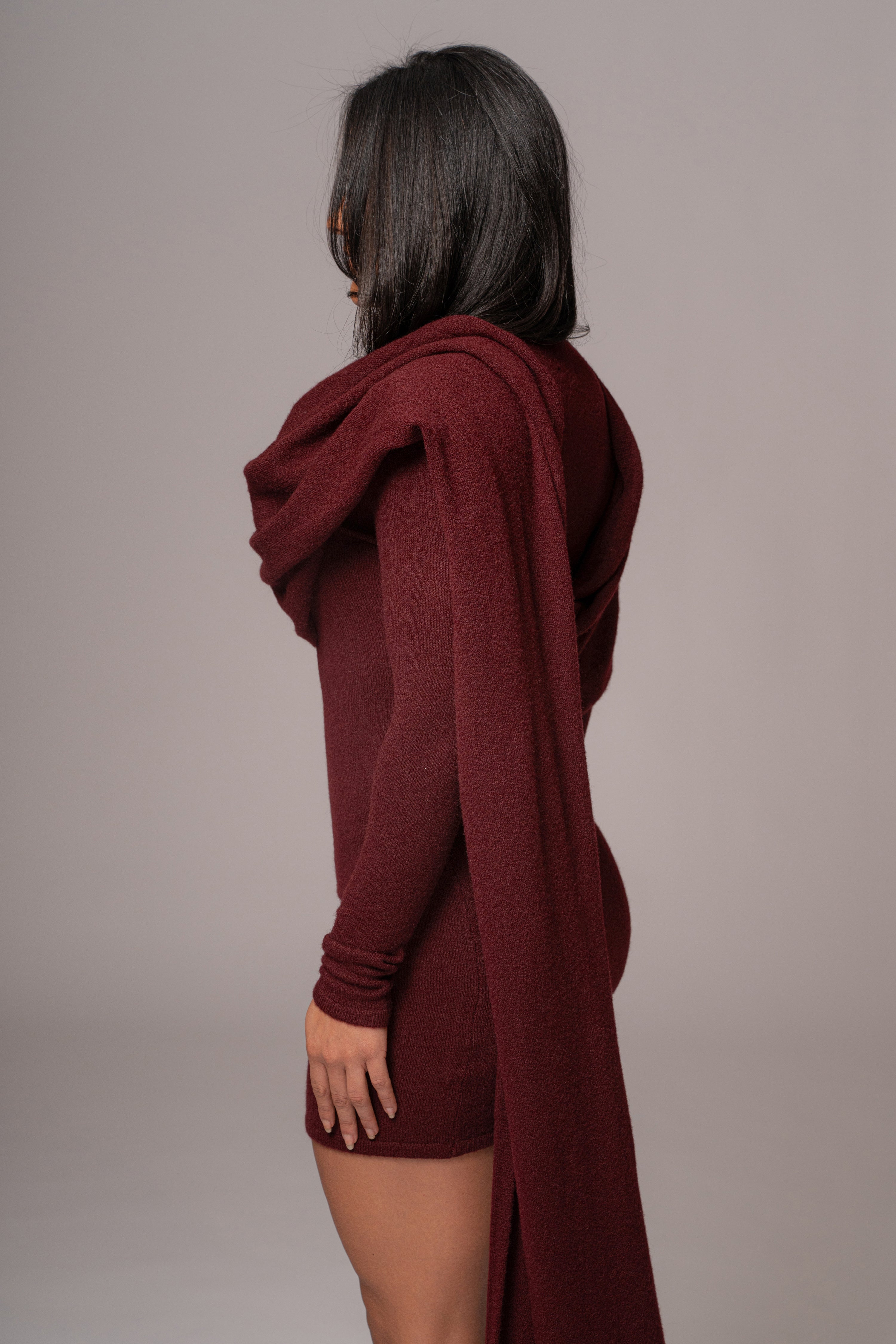 Burgundy Scarf Draped Mini Dress - JLUXLABEL