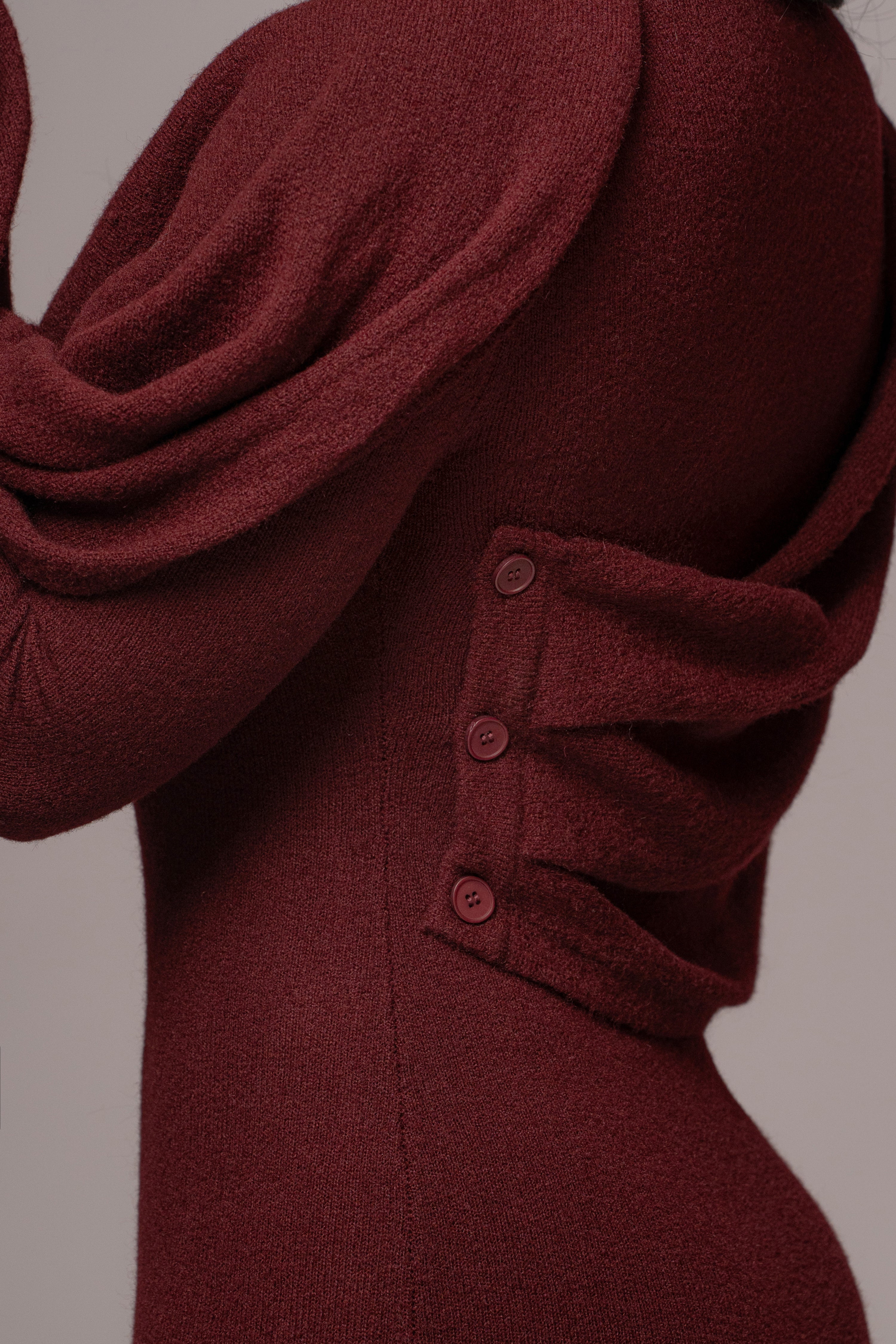 Burgundy Scarf Draped Mini Dress - JLUXLABEL
