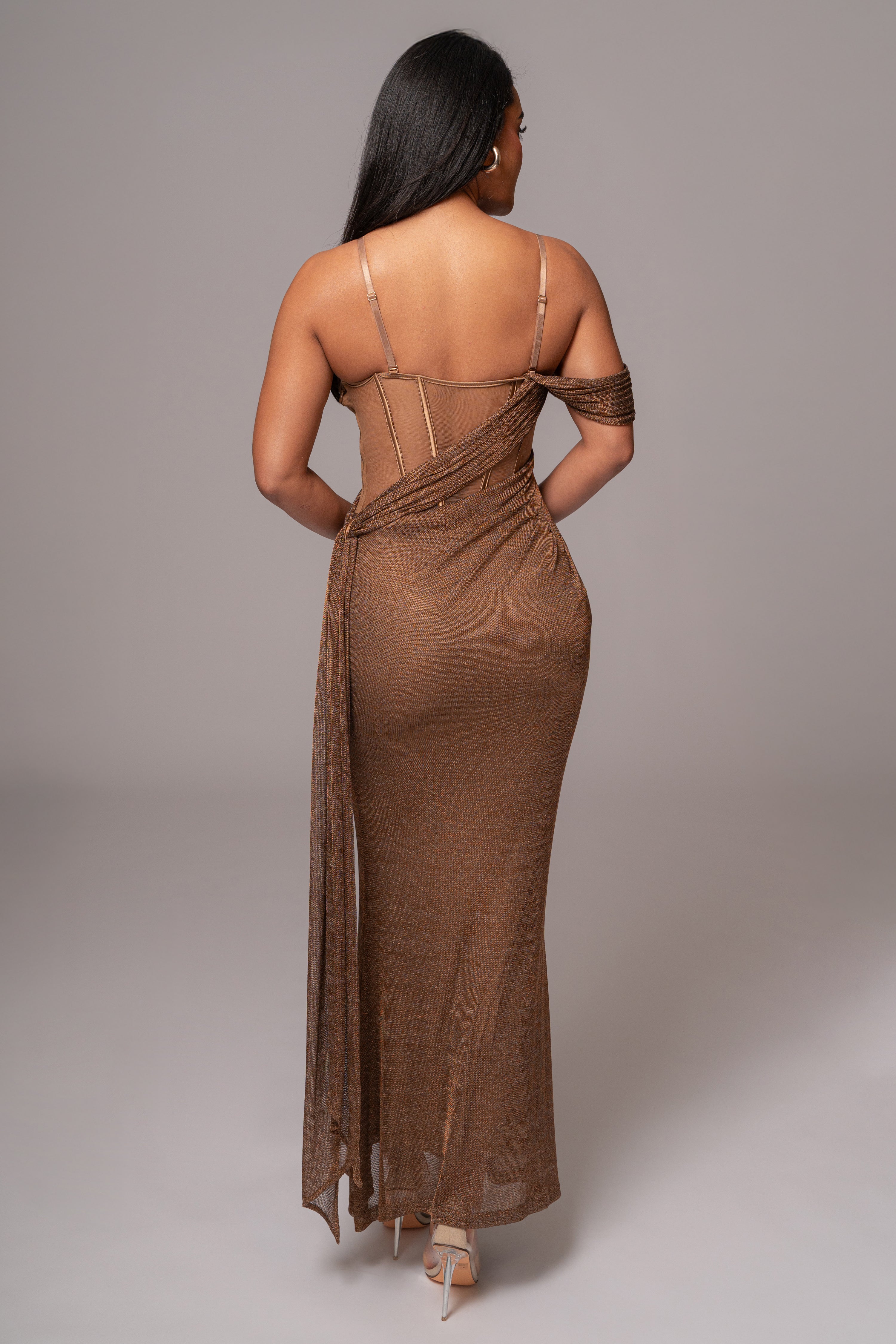 Bronze Metallic Corset Maxi Dress - JLUXLABEL