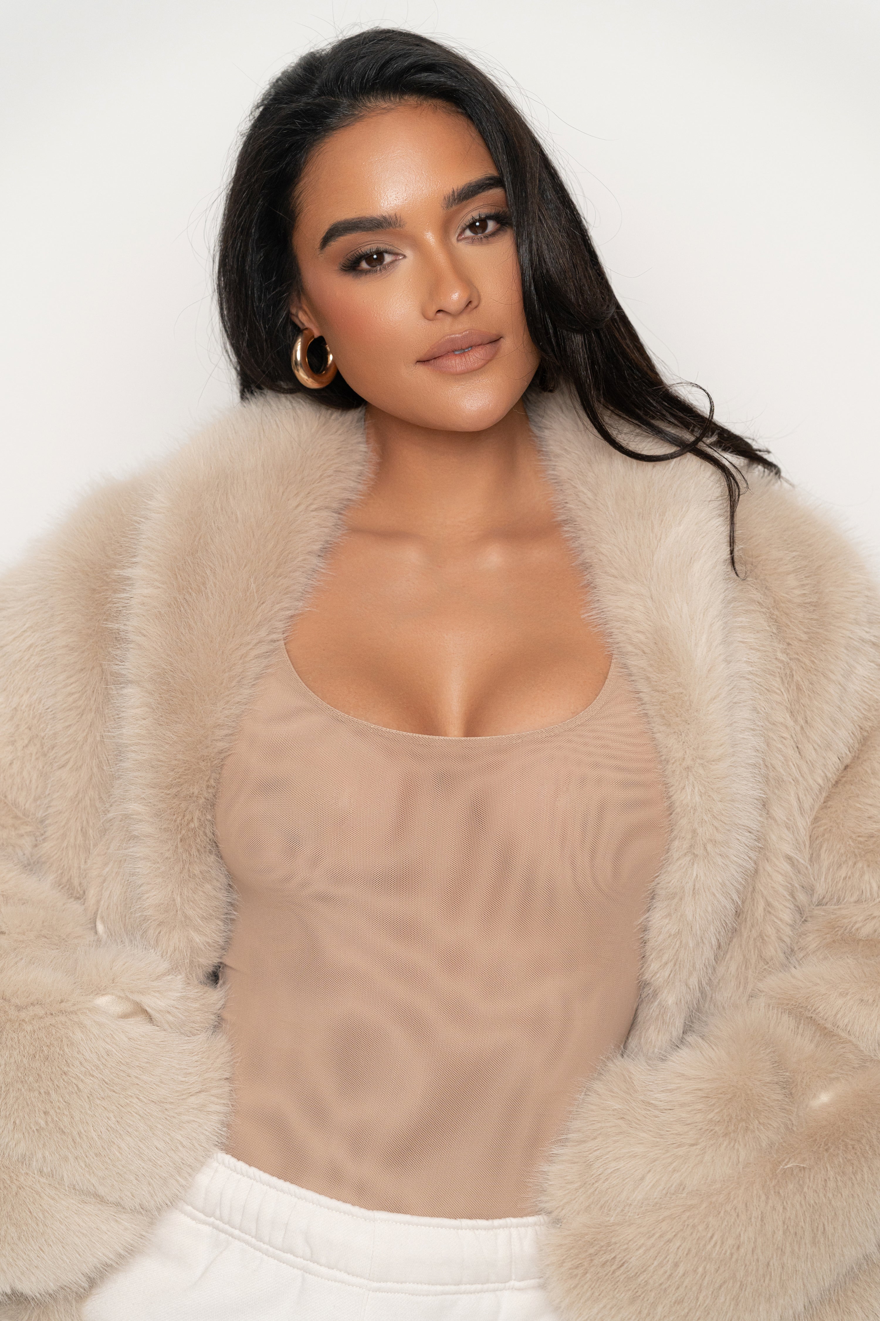 Beige Cropped Manhattan Faux Fur Coat - JLUXLABEL