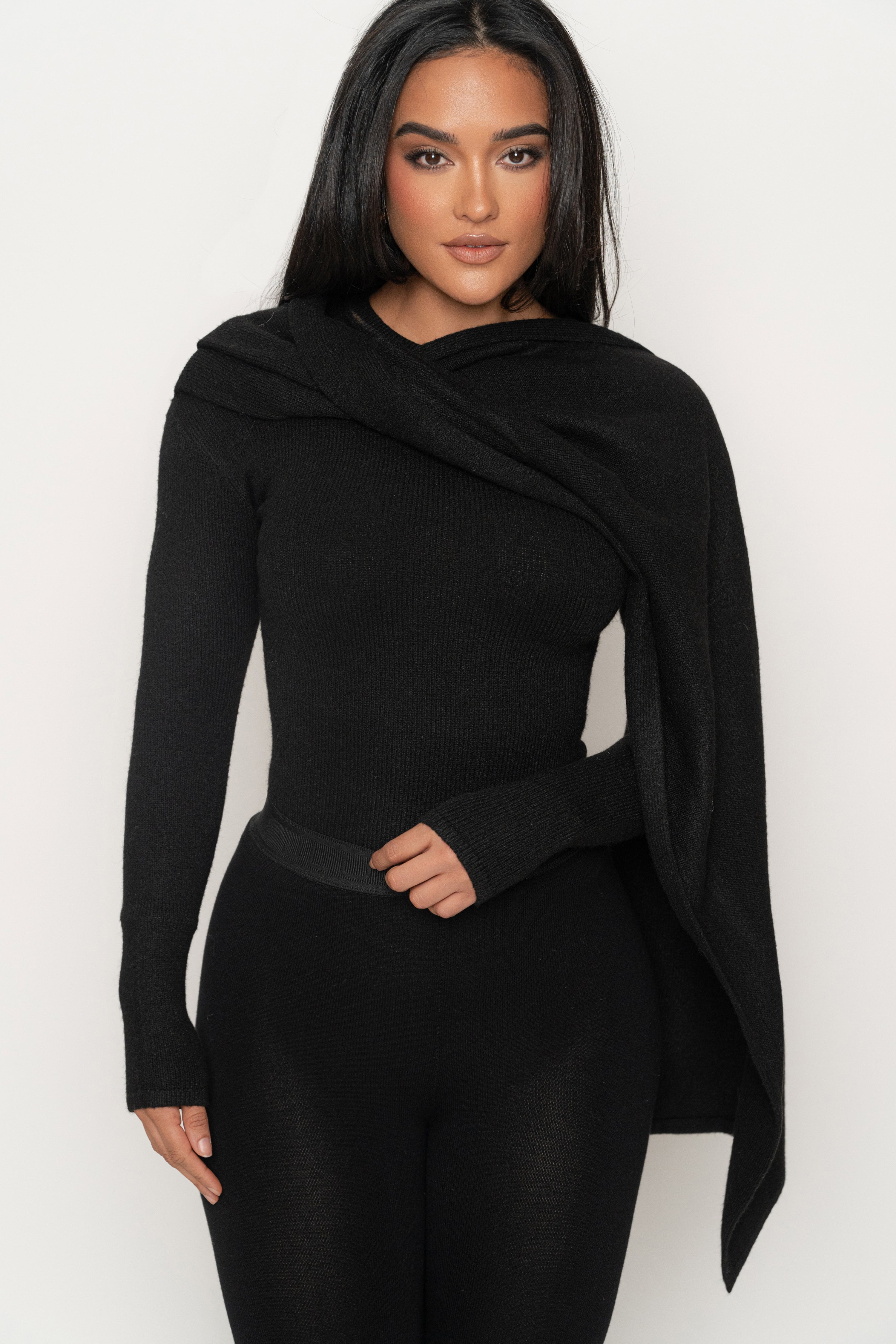 Black Ribbed Scarf Top - JLUXLABEL