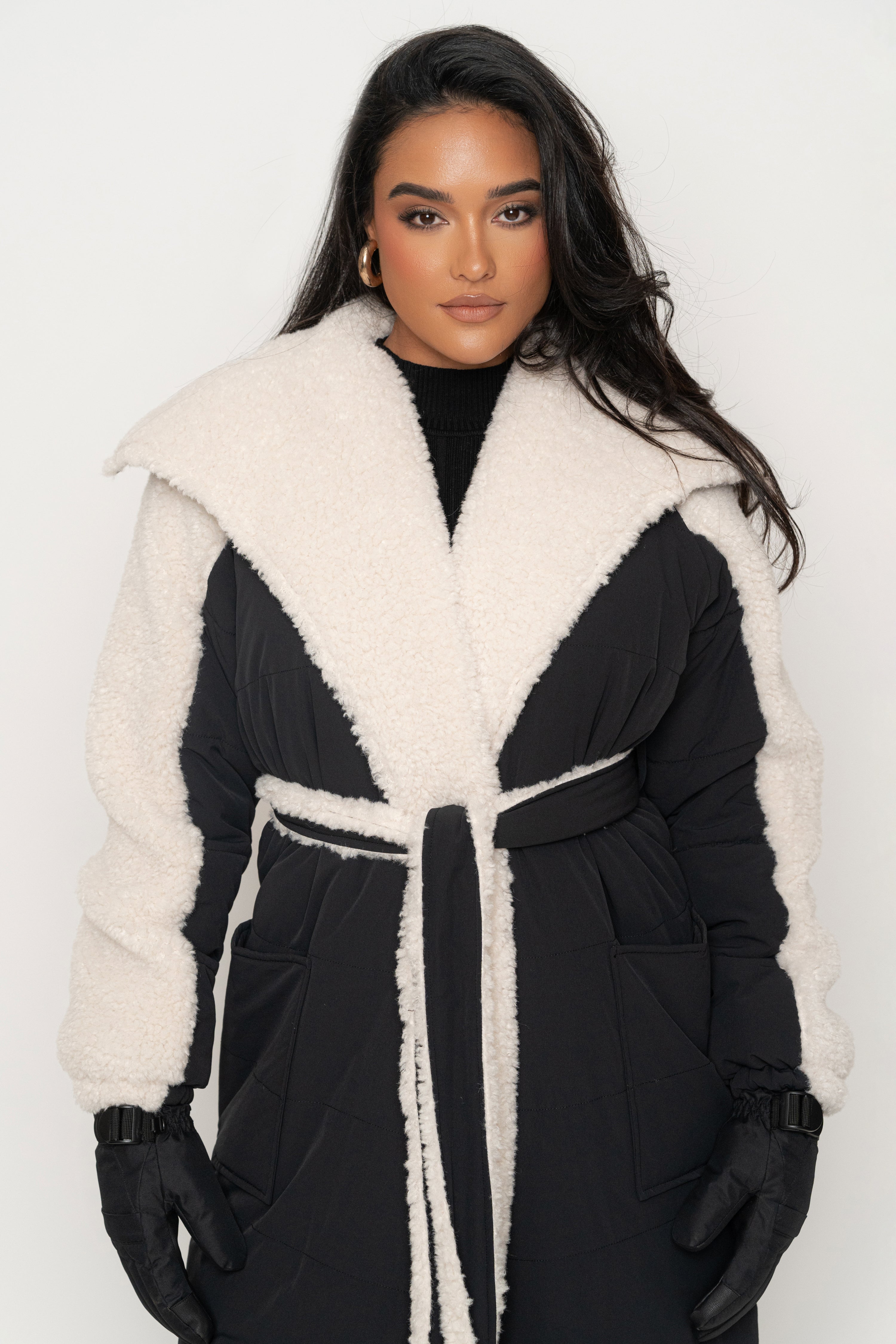 Black/Ivory Contrast Sherpa Coat - JLUXLABEL