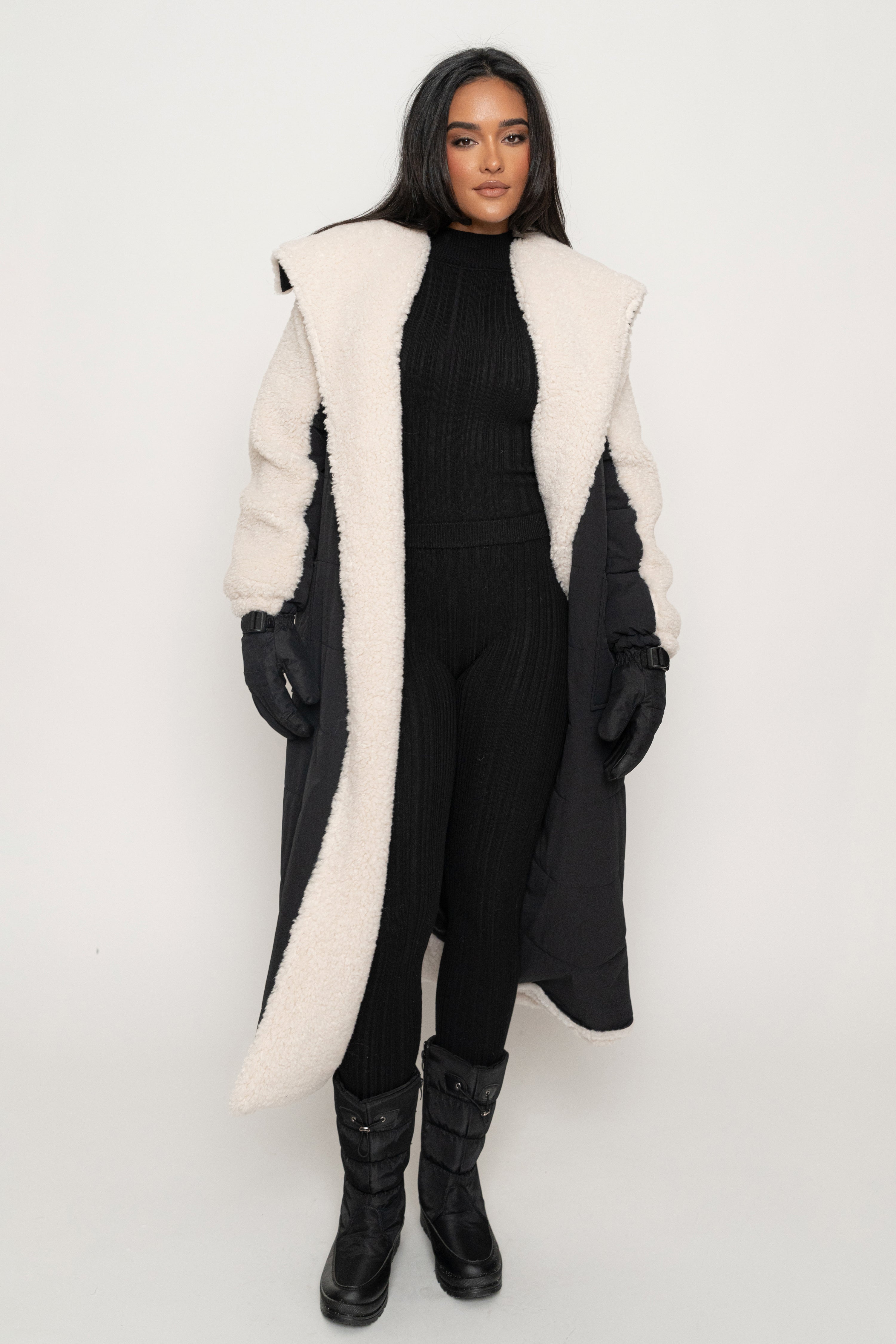 Black/Ivory Contrast Sherpa Coat - JLUXLABEL