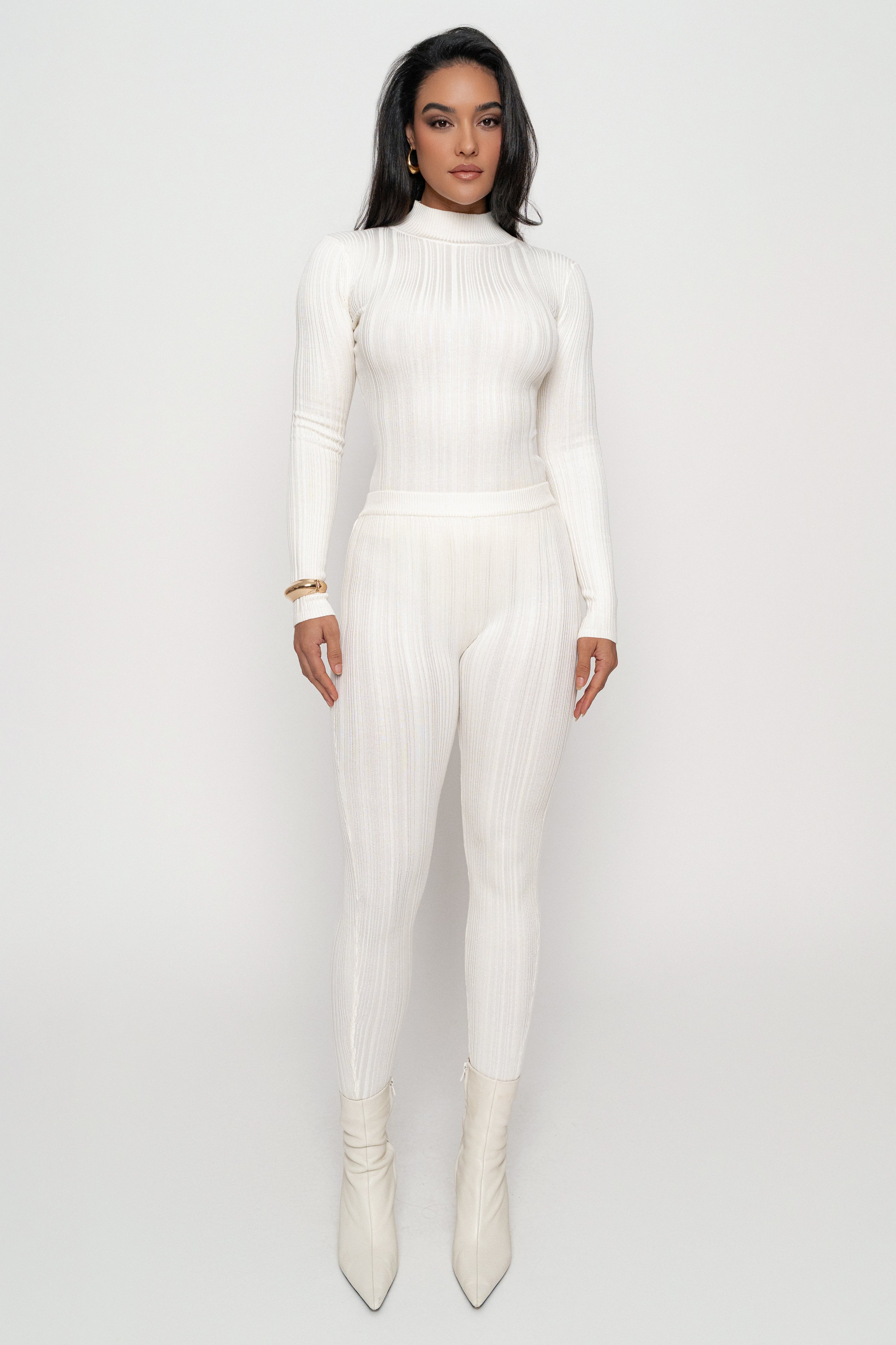 Ivory Ribbed High Waist Leggings - JLUXLABEL