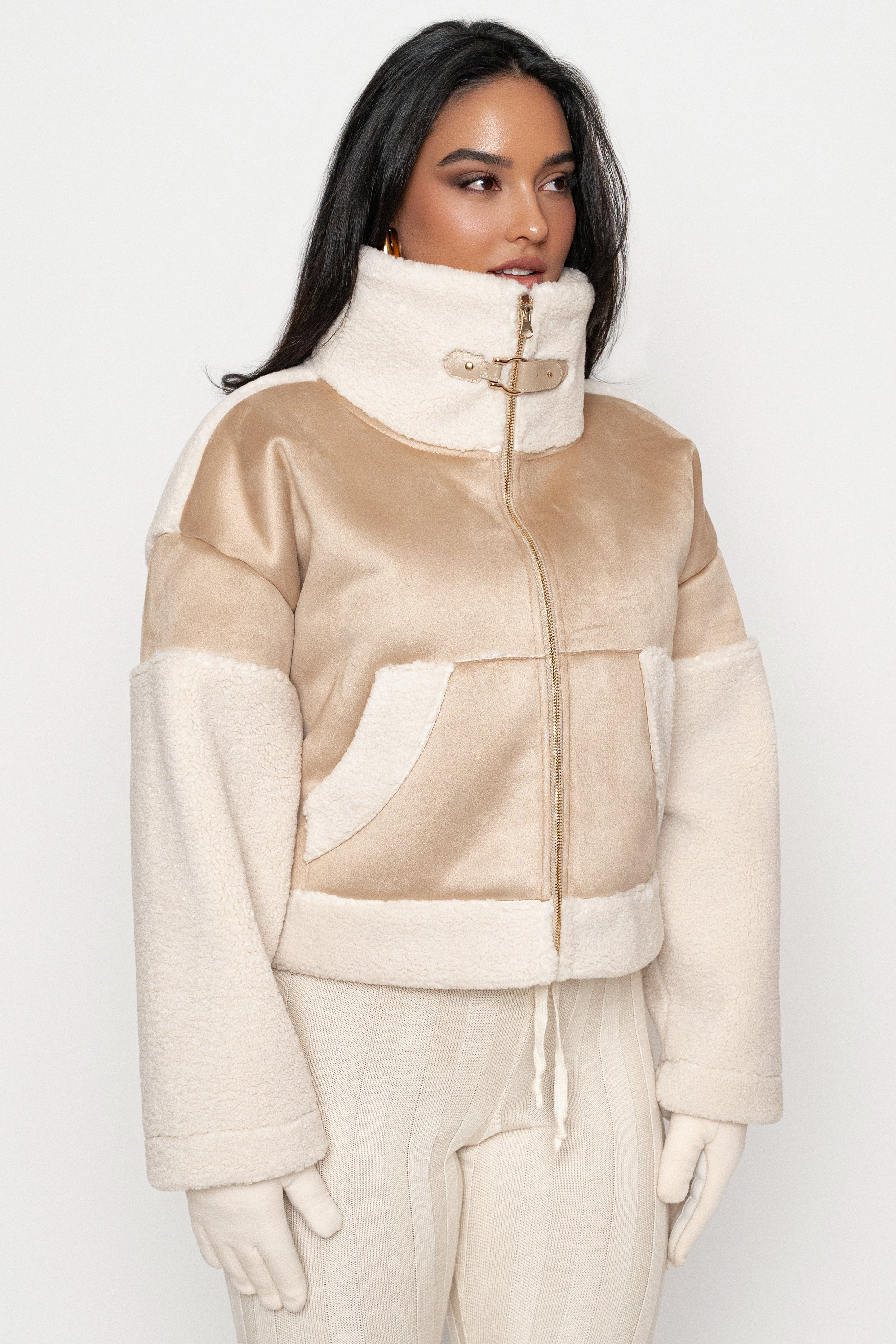 Sand Suede And Sherpa Jacket - JLUXLABEL