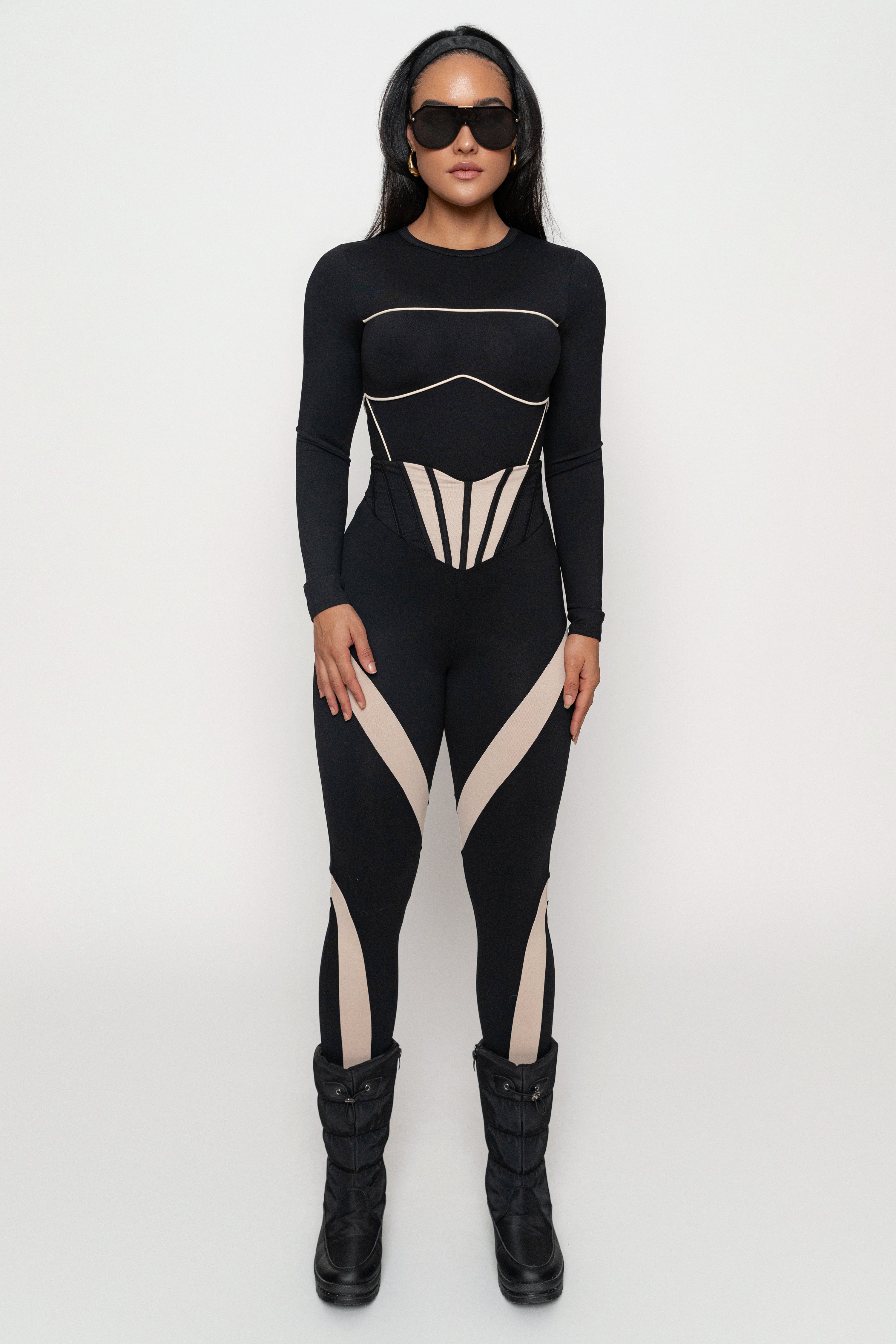 Black/Cream Pilar Piped Bodysuit - JLUXLABEL