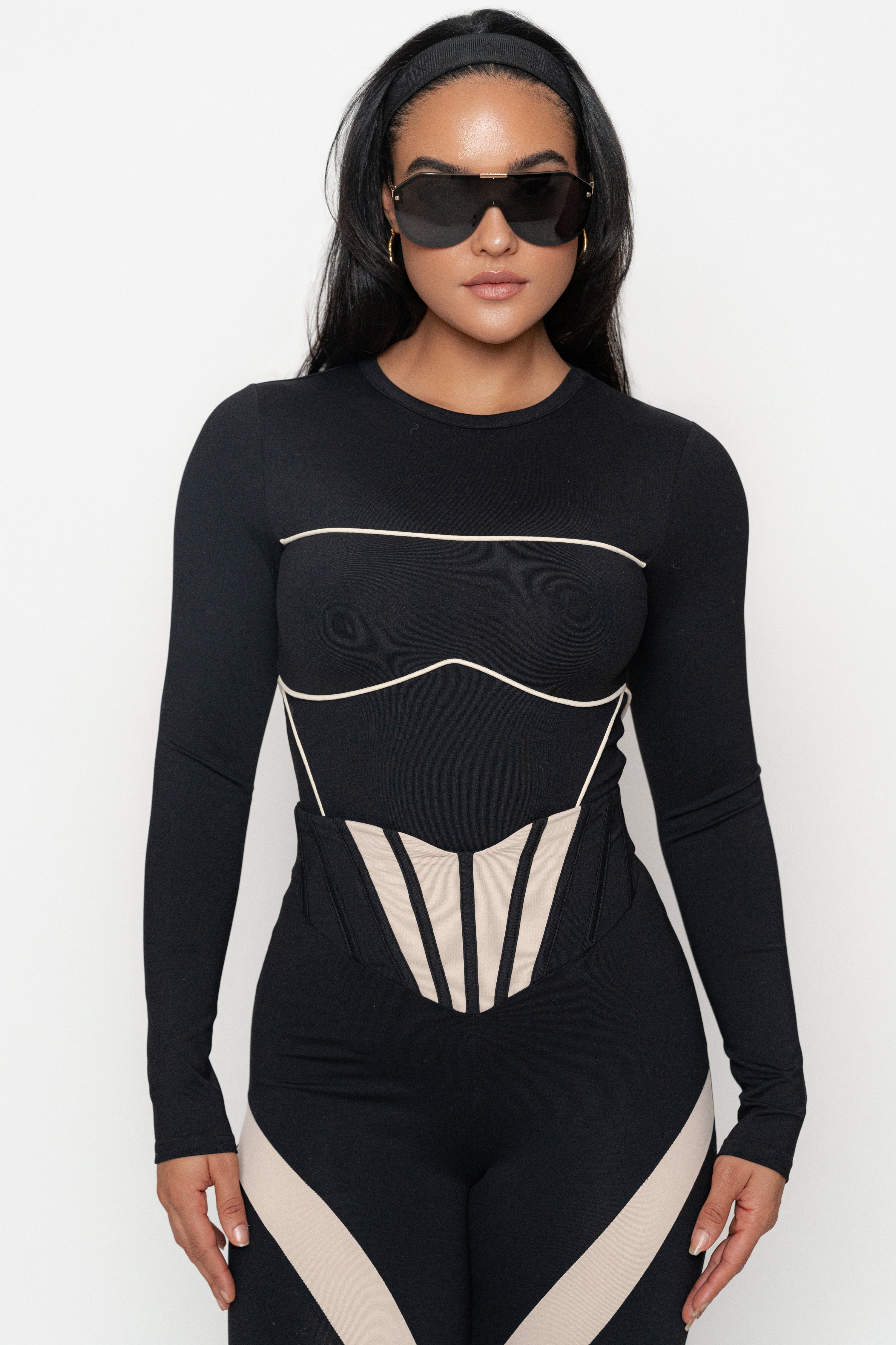Black/Cream Pilar Piped Bodysuit - JLUXLABEL
