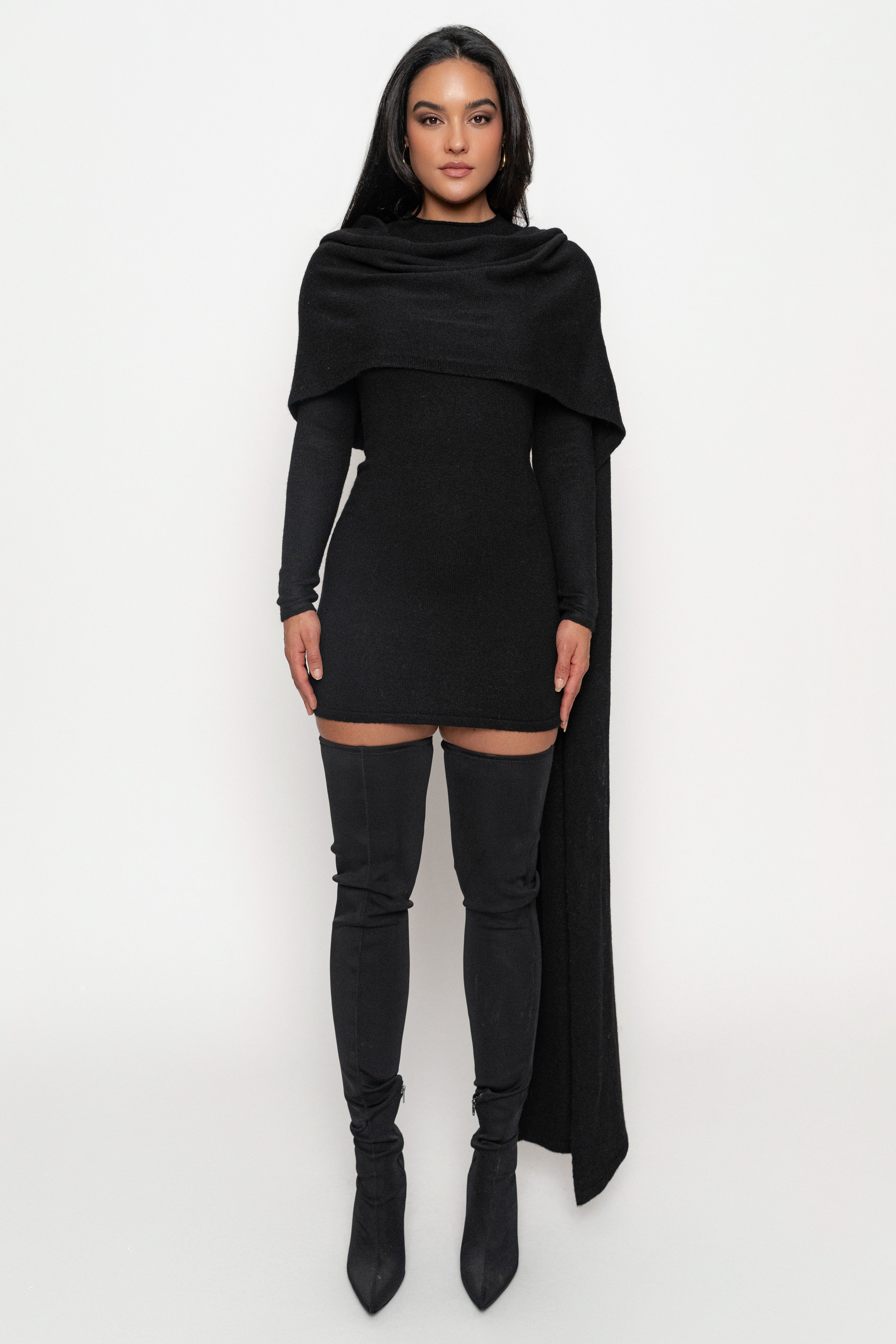 Black Scarf Draped Mini Dress - JLUXLABEL
