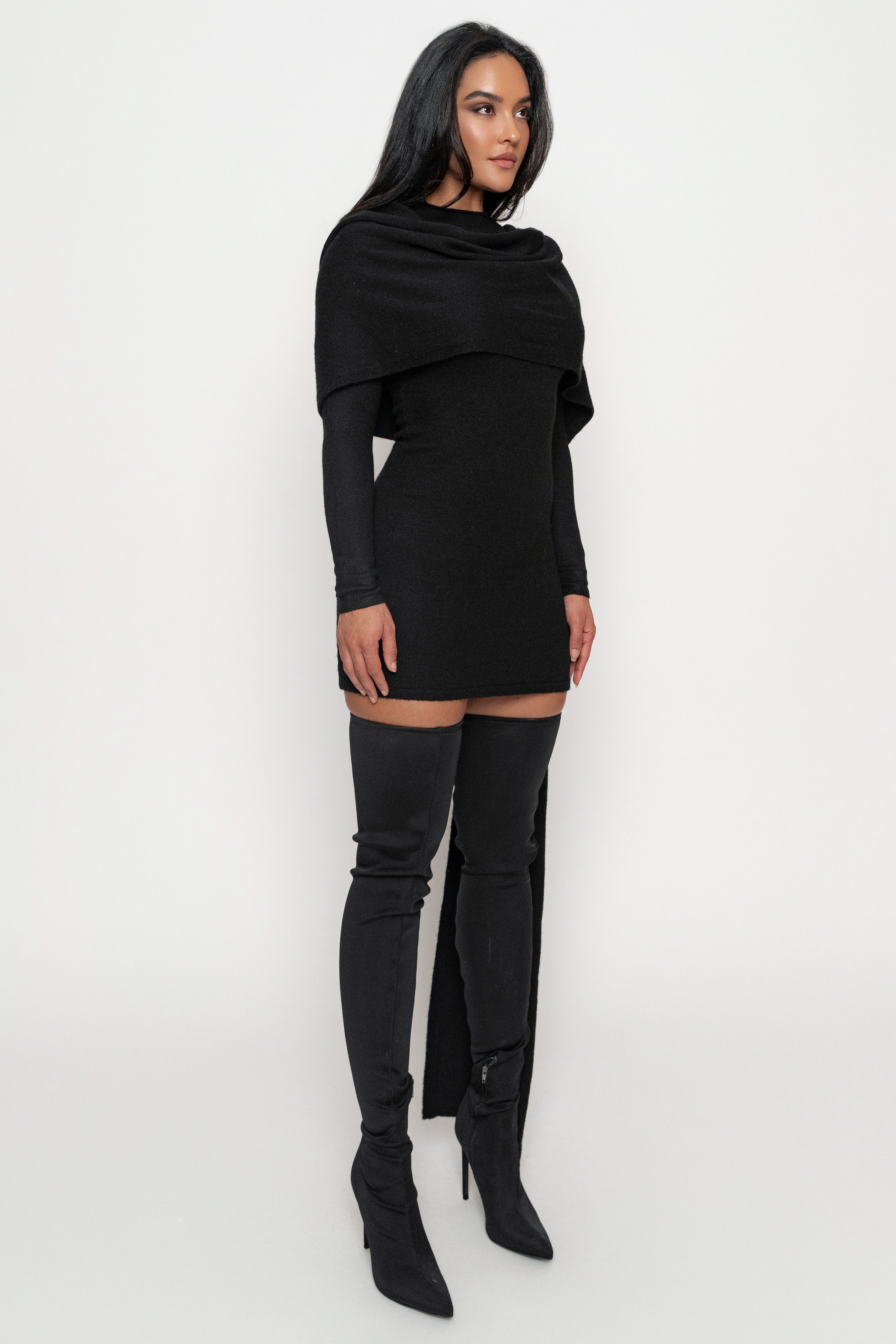 Black Scarf Draped Mini Dress - JLUXLABEL