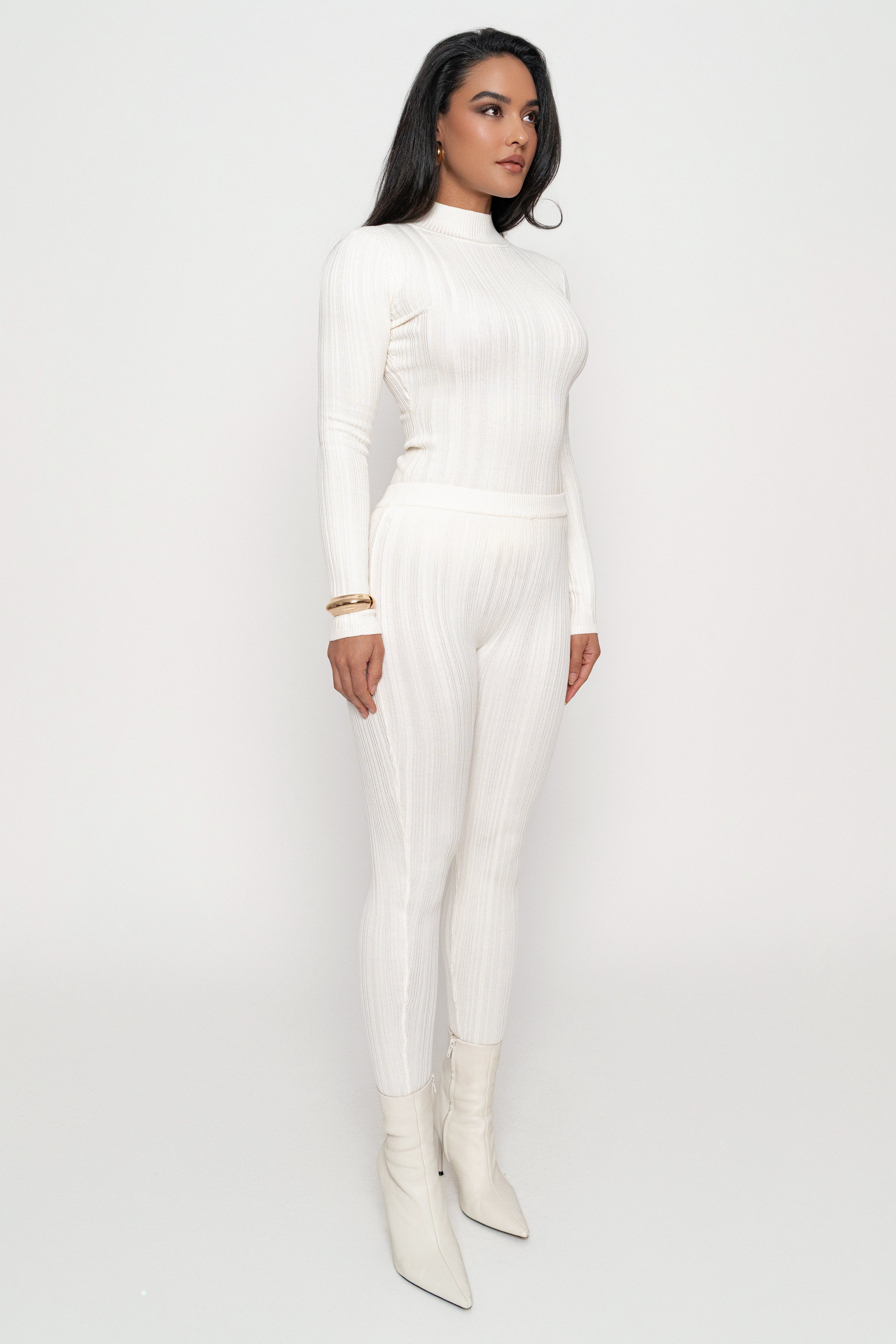 Ivory Ribbed High Waist Leggings - JLUXLABEL