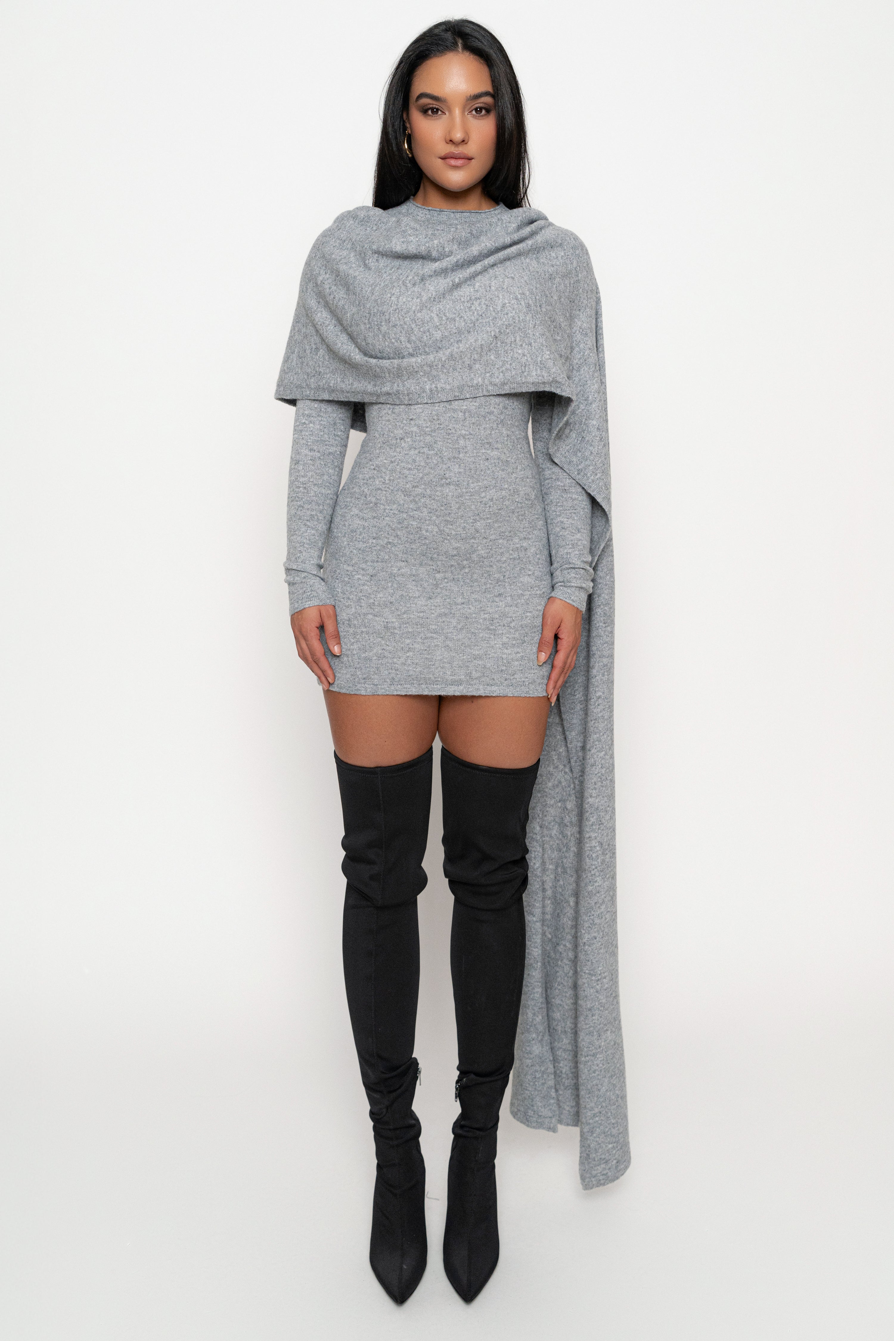 Heather Grey Scarf Draped Mini Dress - JLUXLABEL