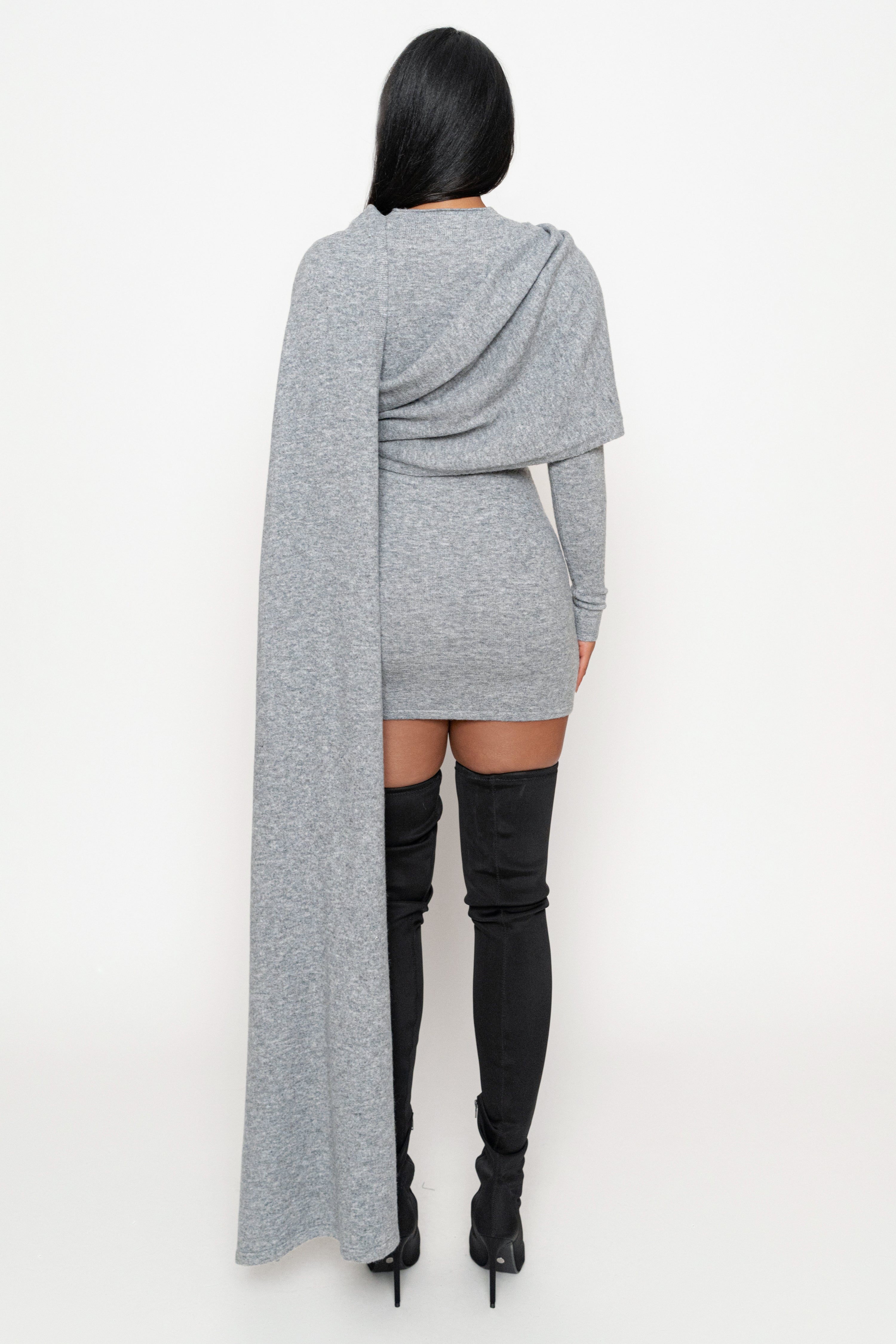 Heather Grey Scarf Draped Mini Dress - JLUXLABEL