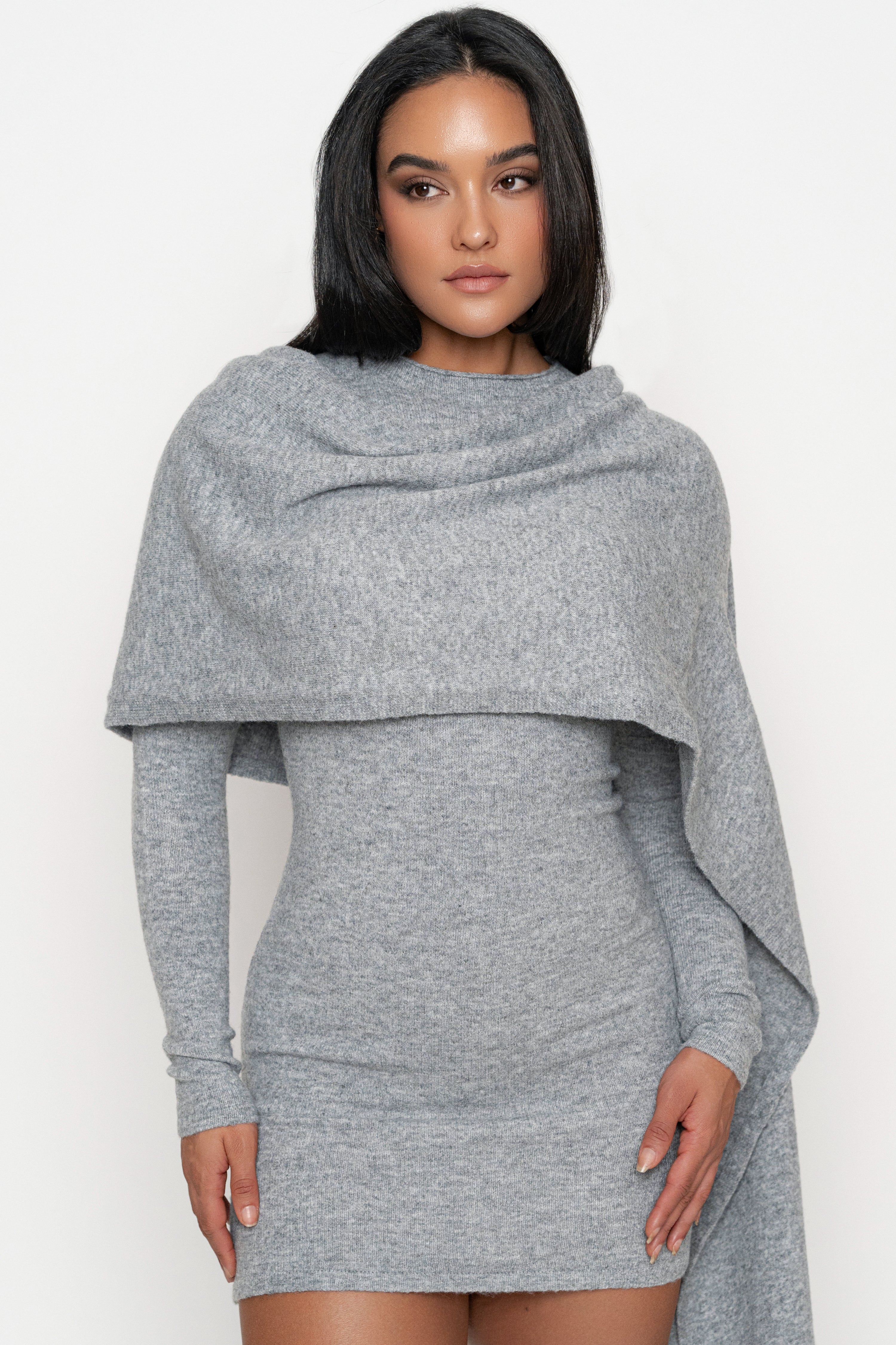 Heather Grey Scarf Draped Mini Dress - JLUXLABEL