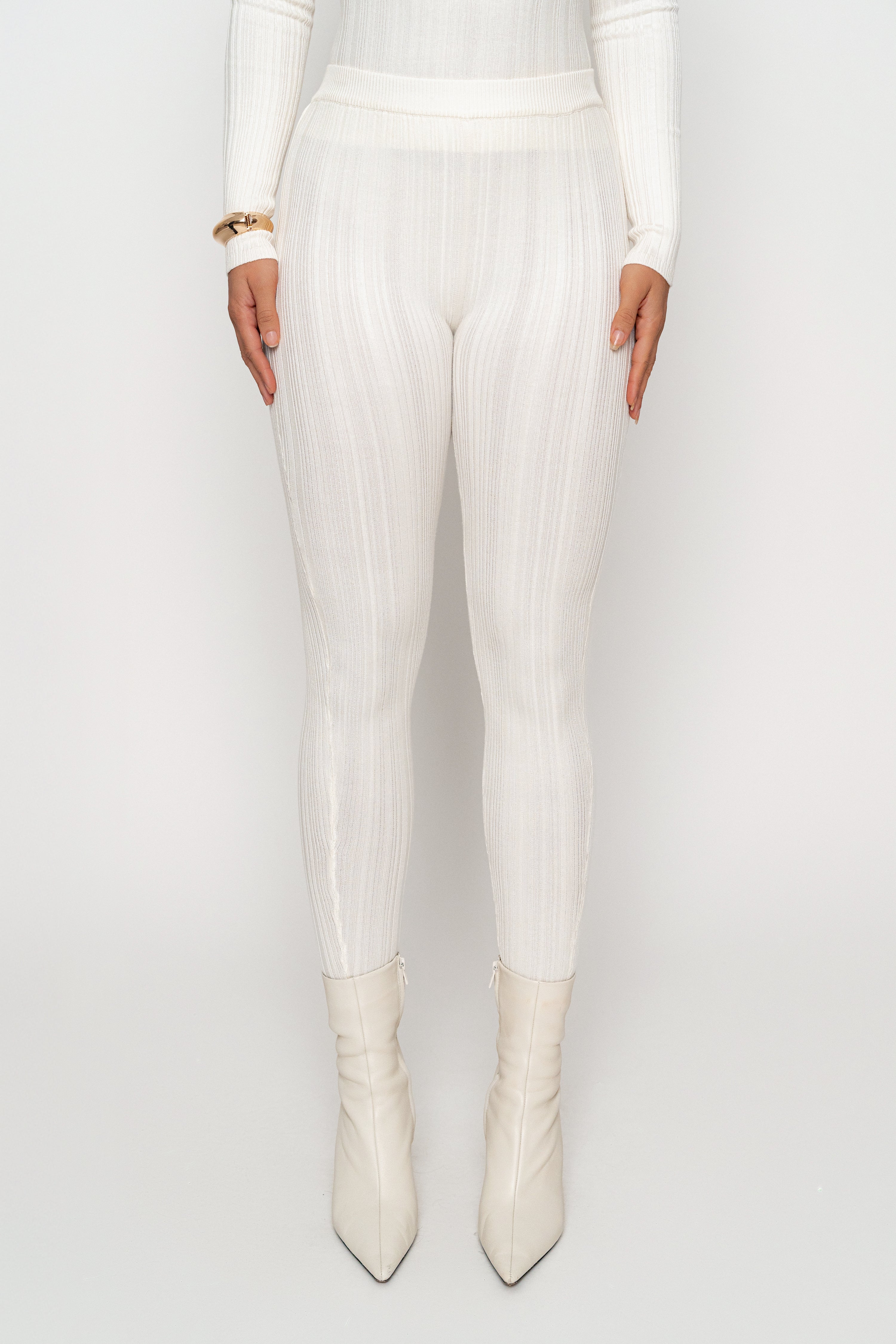 Ivory Ribbed High Waist Leggings - JLUXLABEL