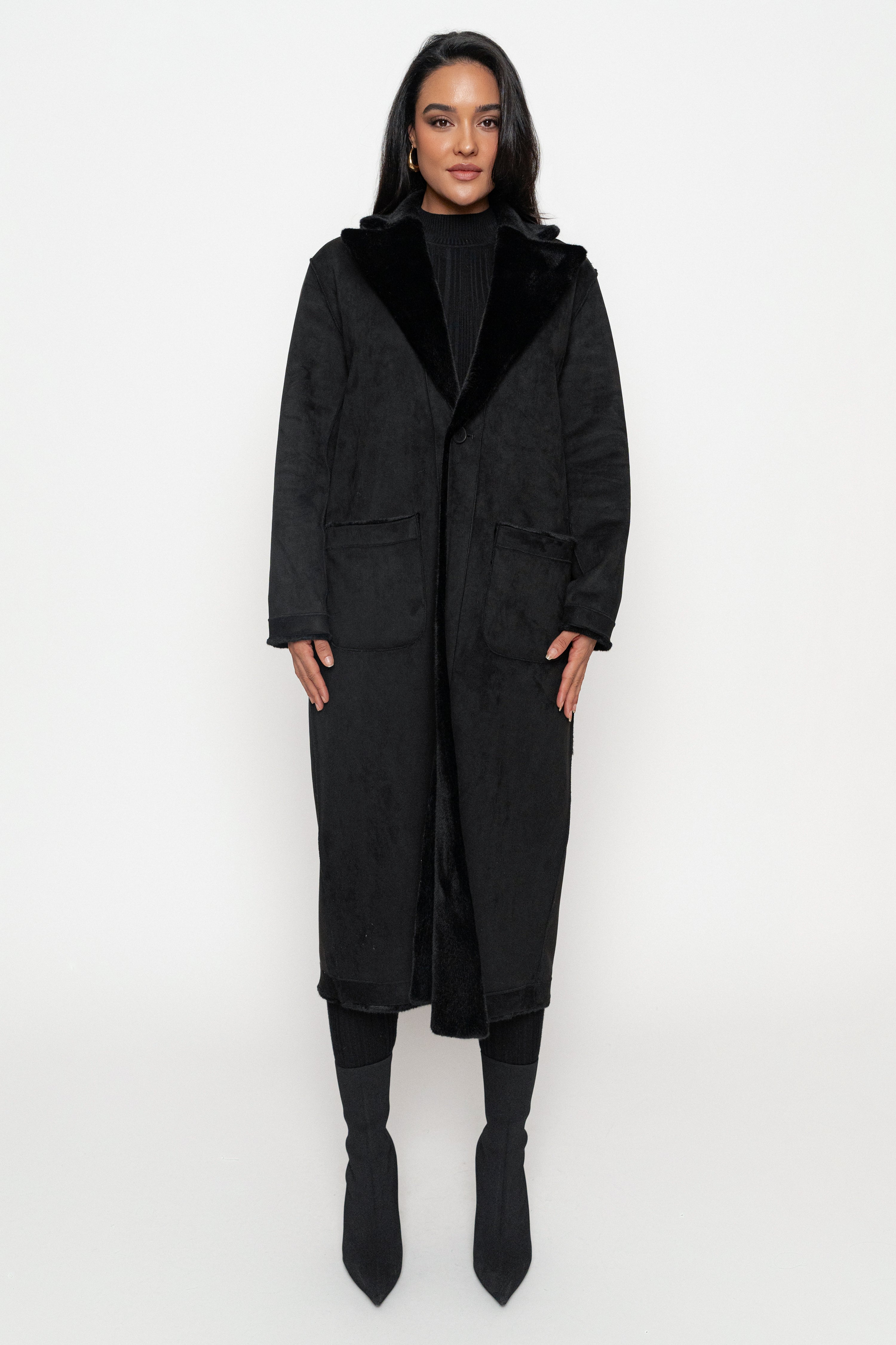 Black Thelma Reversible Suede Coat - JLUXLABEL