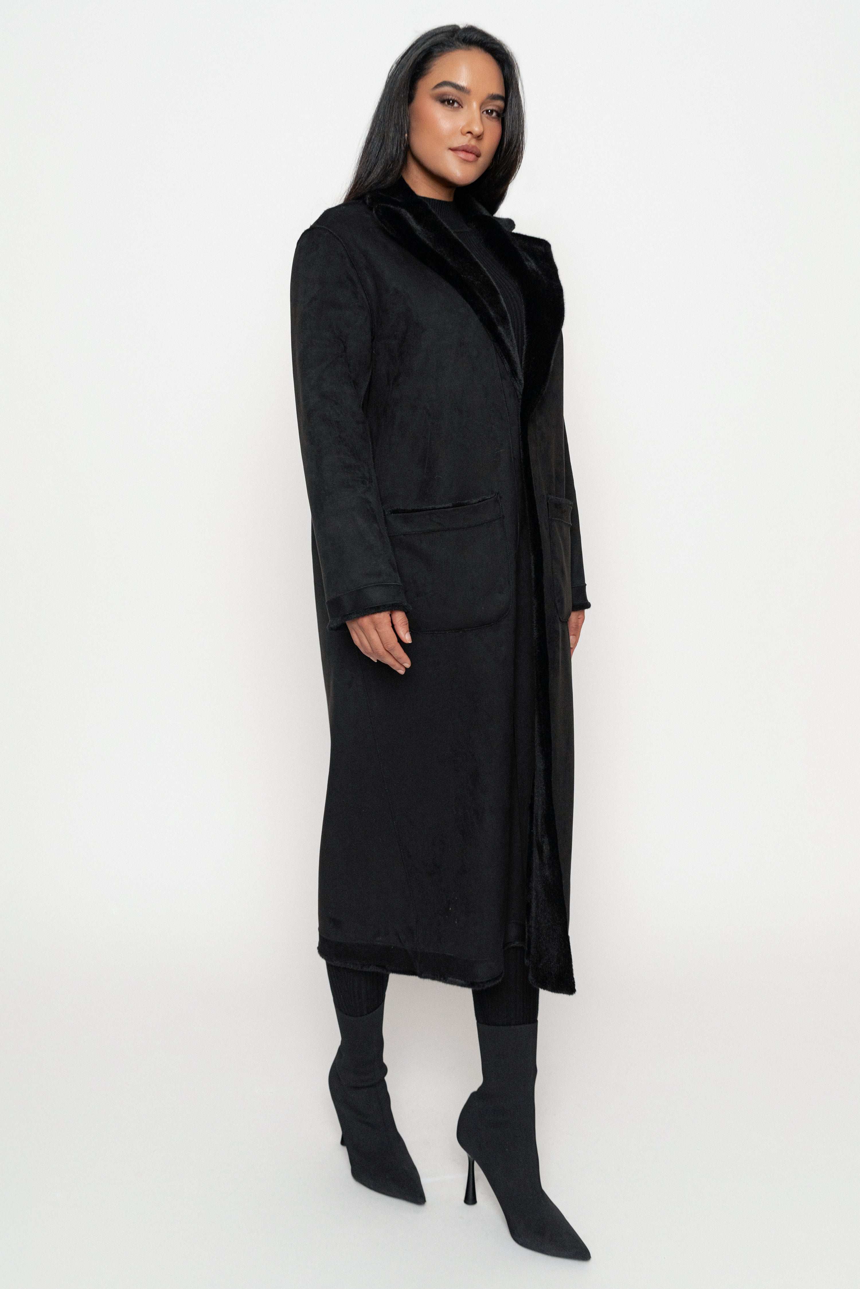 Black Thelma Reversible Suede Coat - JLUXLABEL