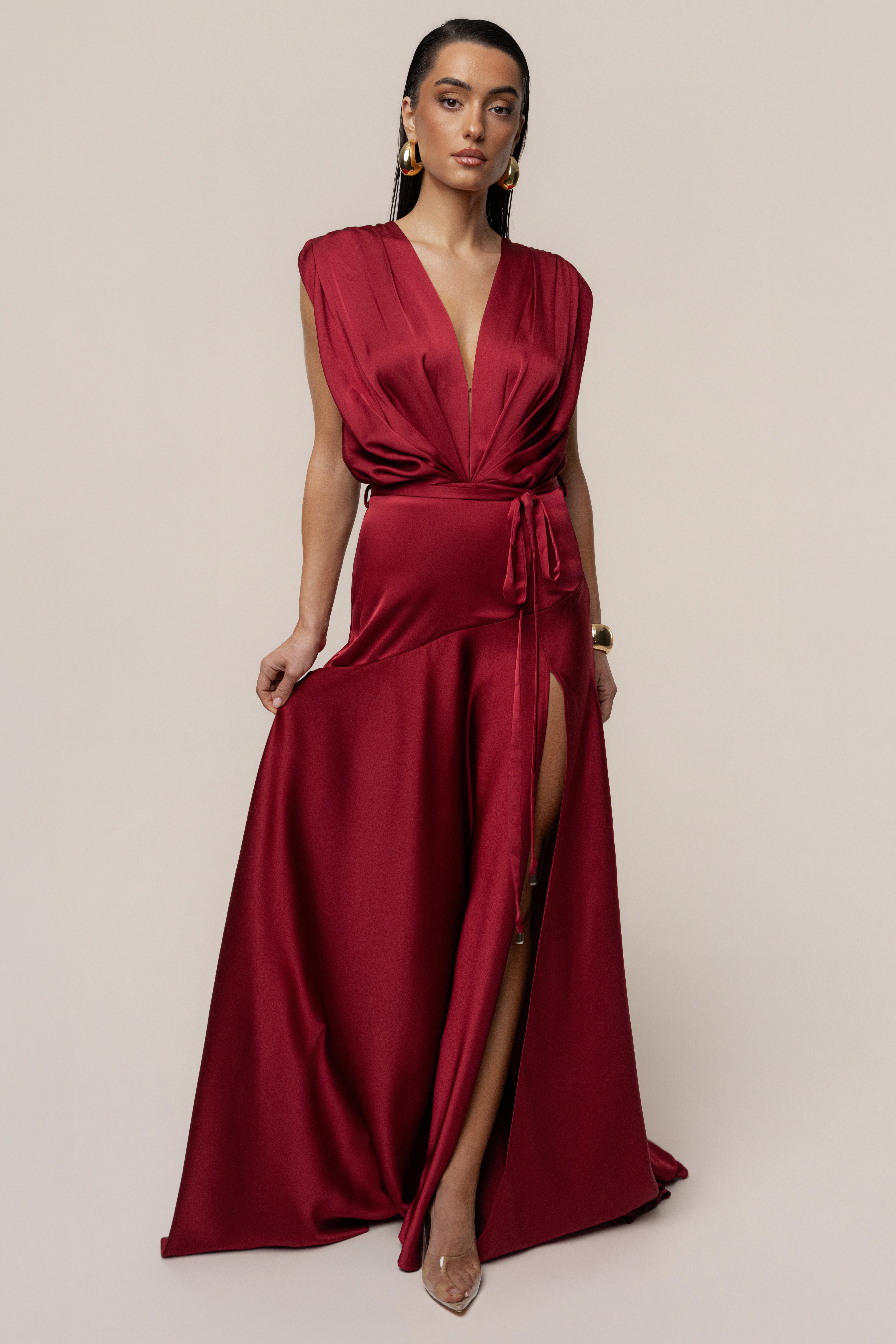 Red Amalia Satin Maxi Dress - JLUXLABEL
