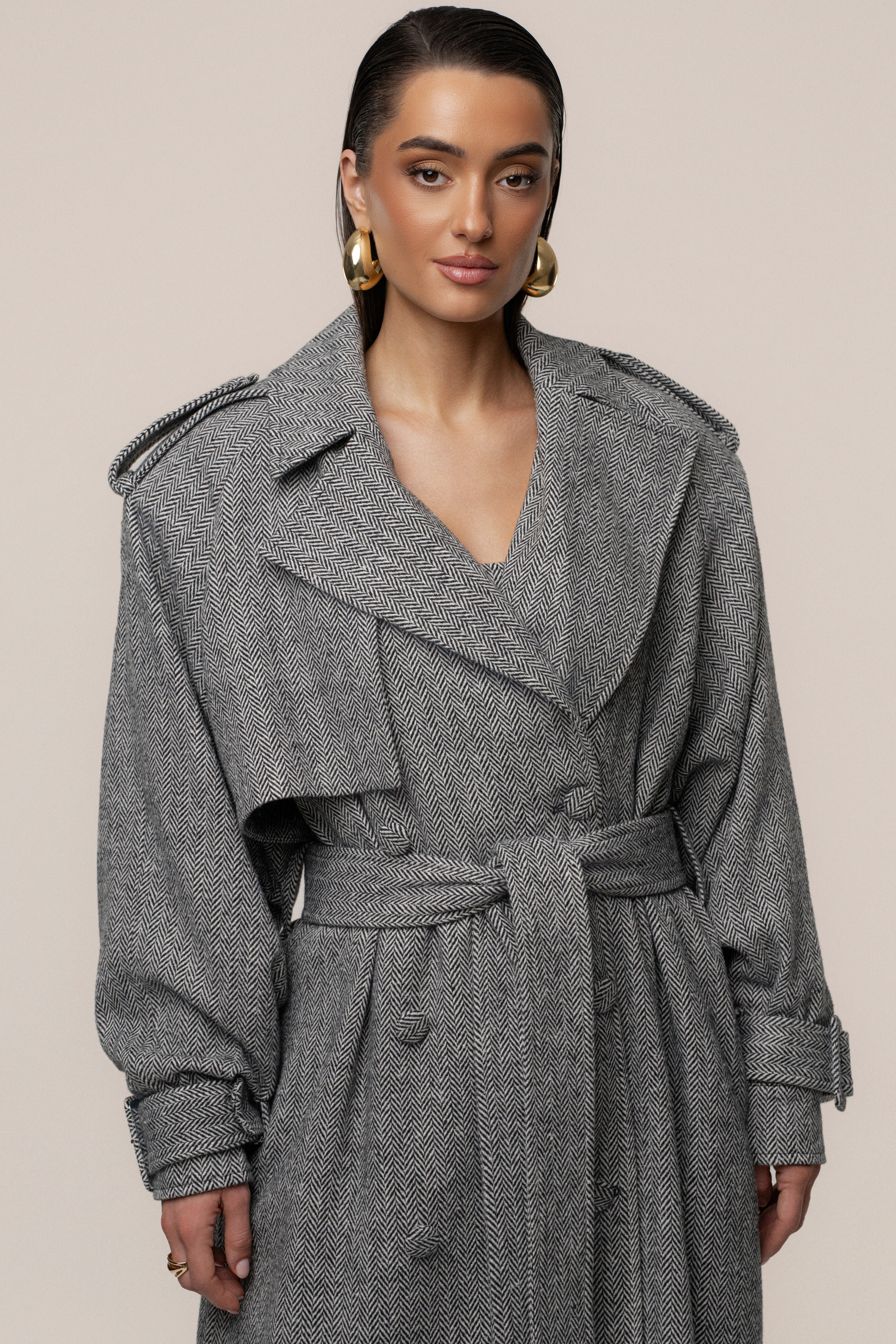 Herringbone Oversized Trench Coat - JLUXLABEL