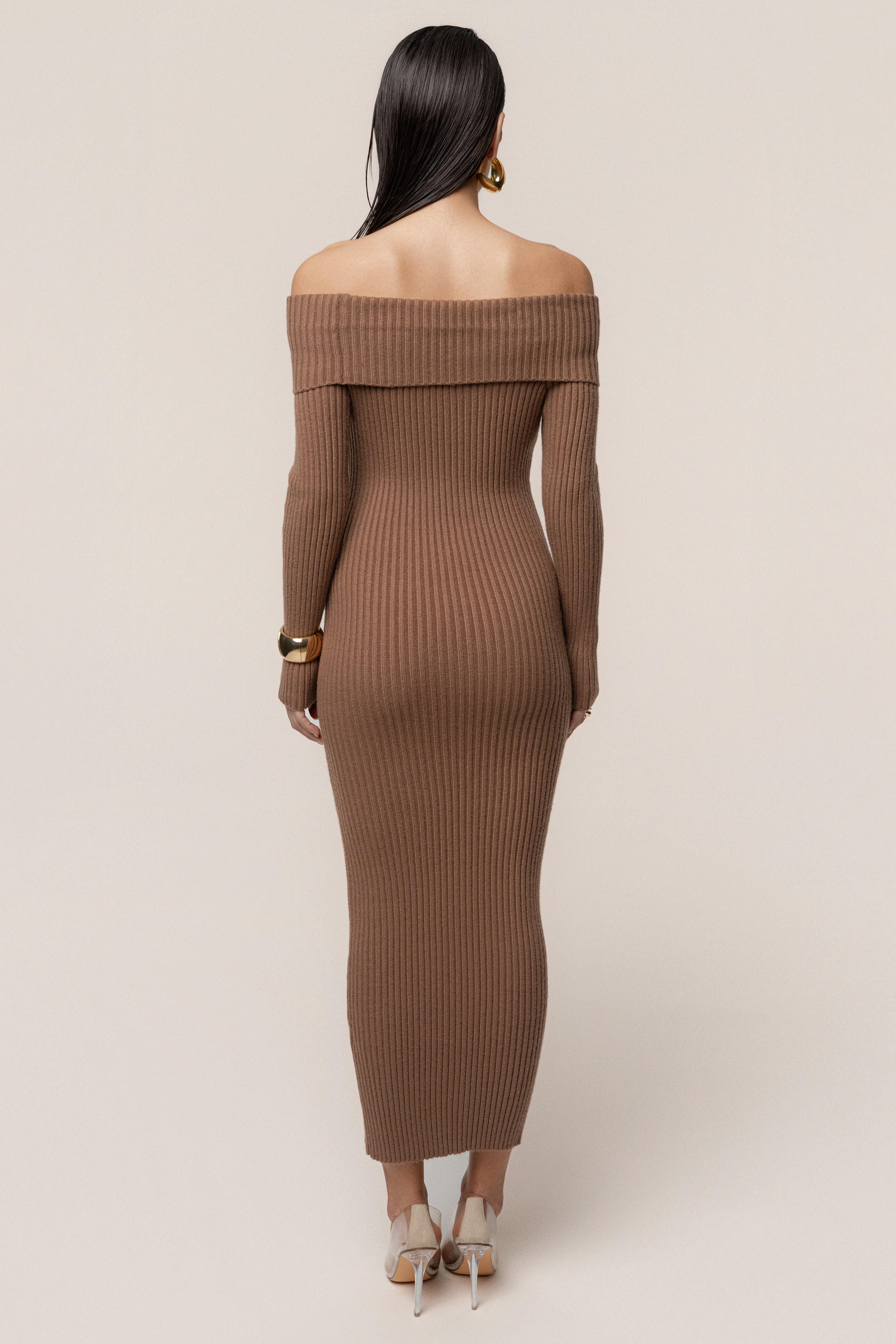 Tan Kira Ribbed Midi Dress