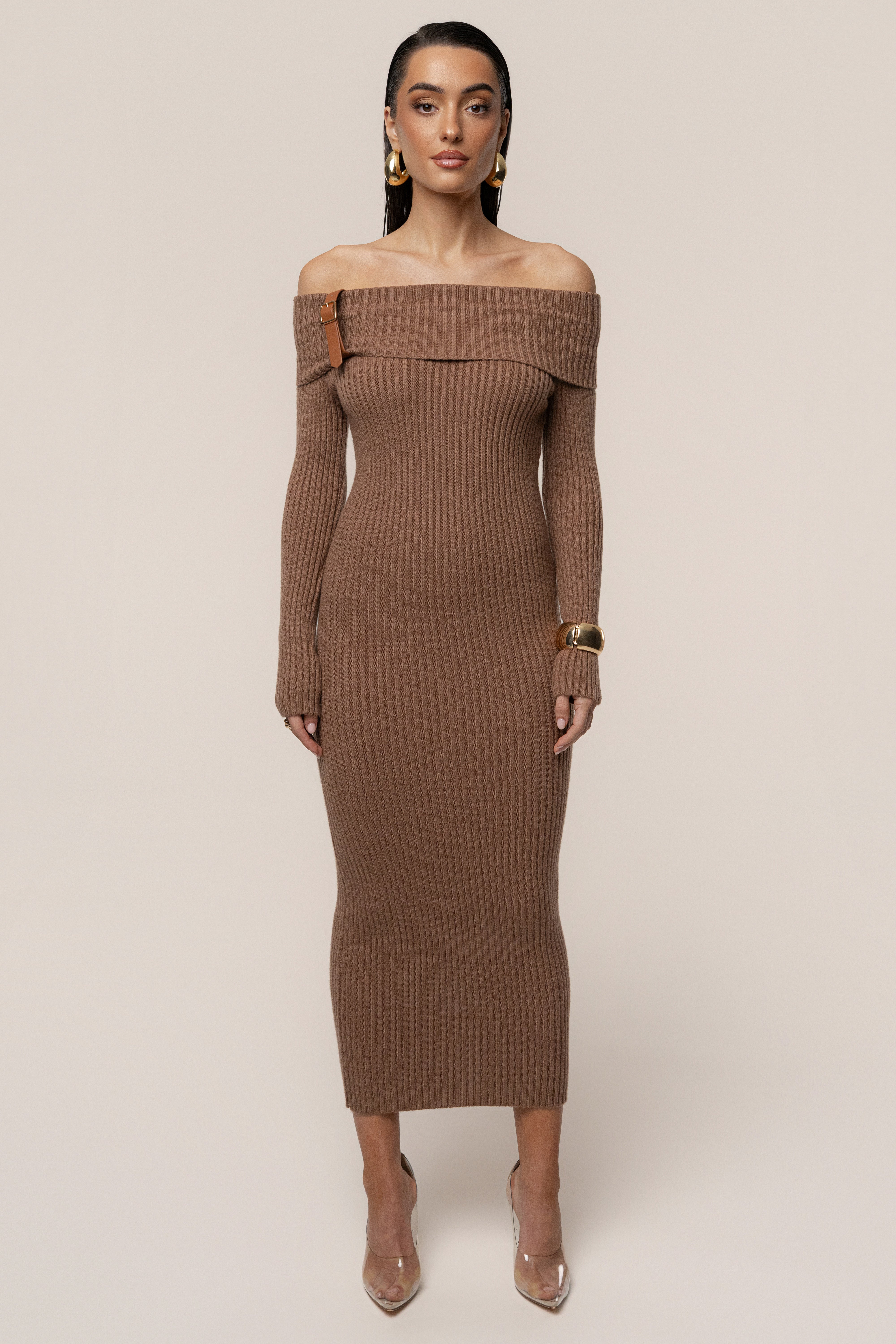 Tan Kira Ribbed Midi Dress