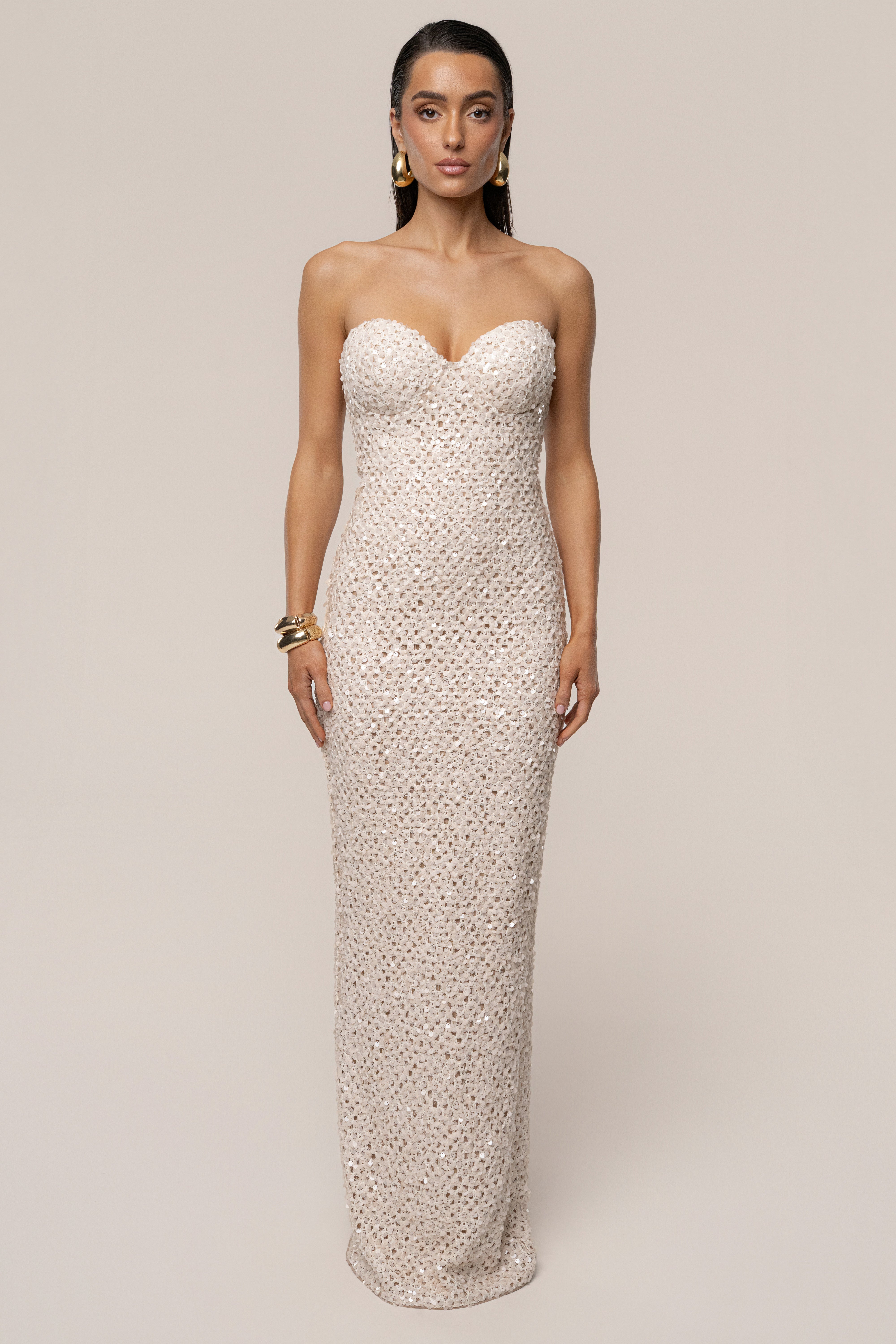 PRE-ORDER Beige Jewel Opulence Sequin Dress