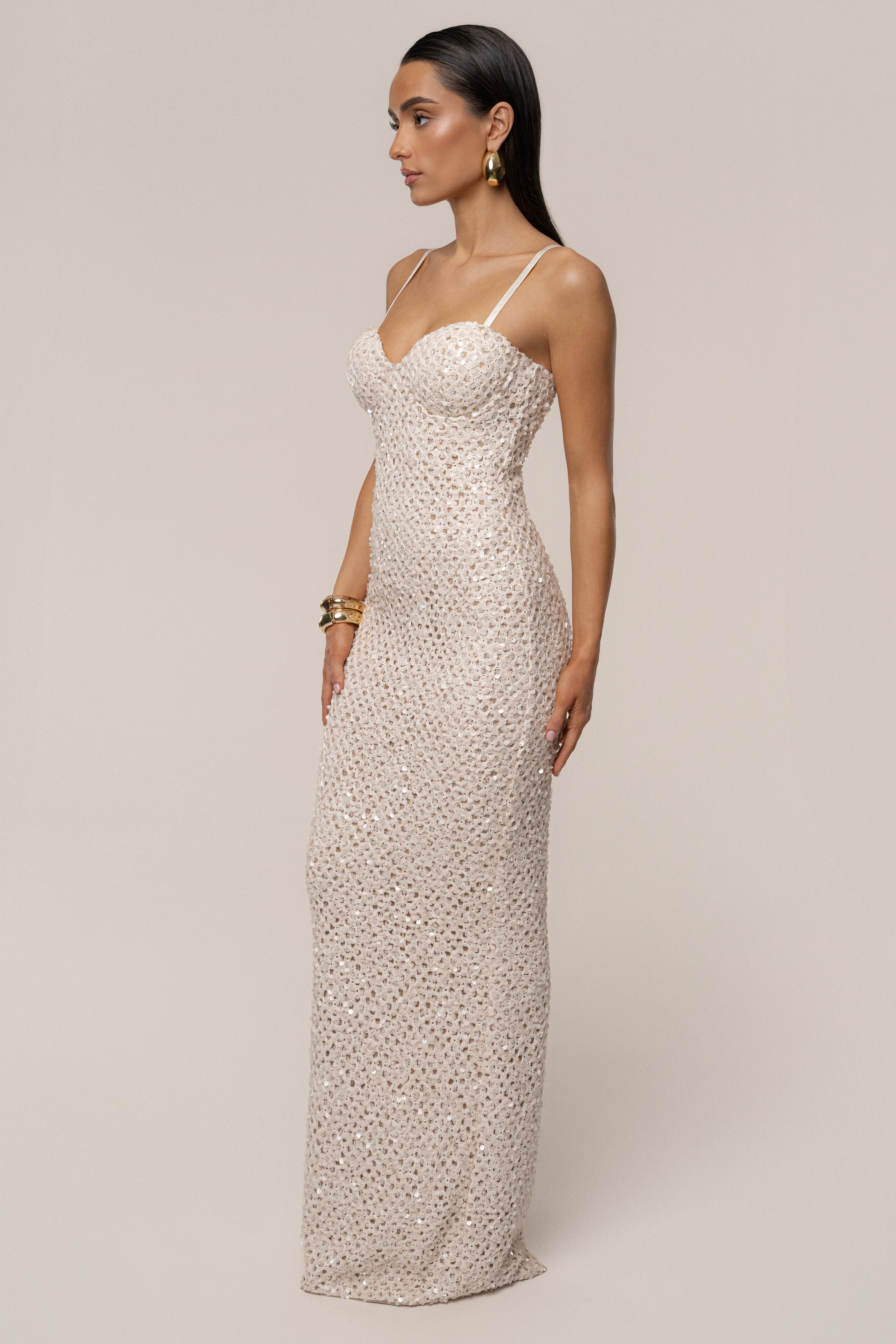 PRE-ORDER Beige Jewel Opulence Sequin Dress