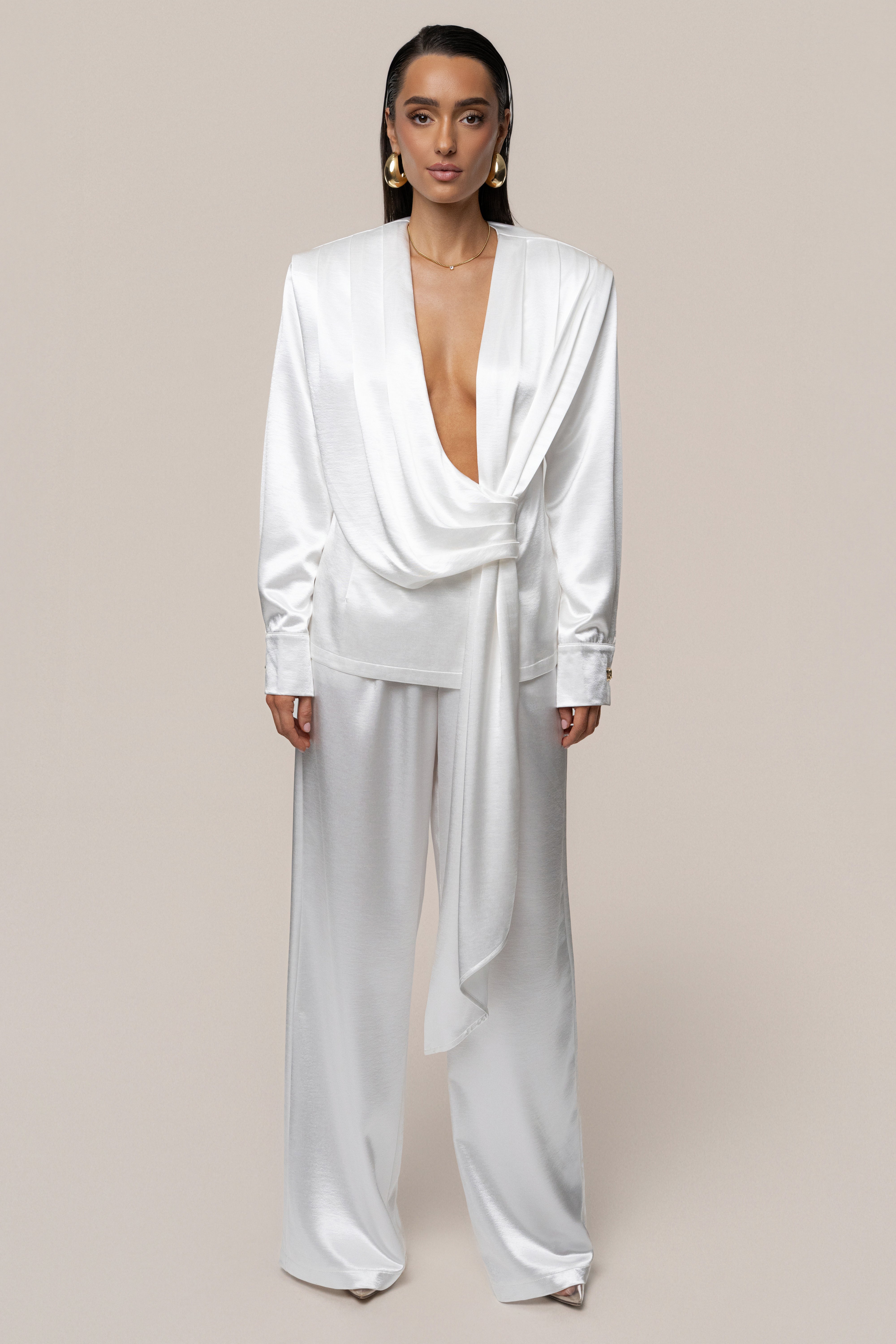 White Statement Draped Satin Top