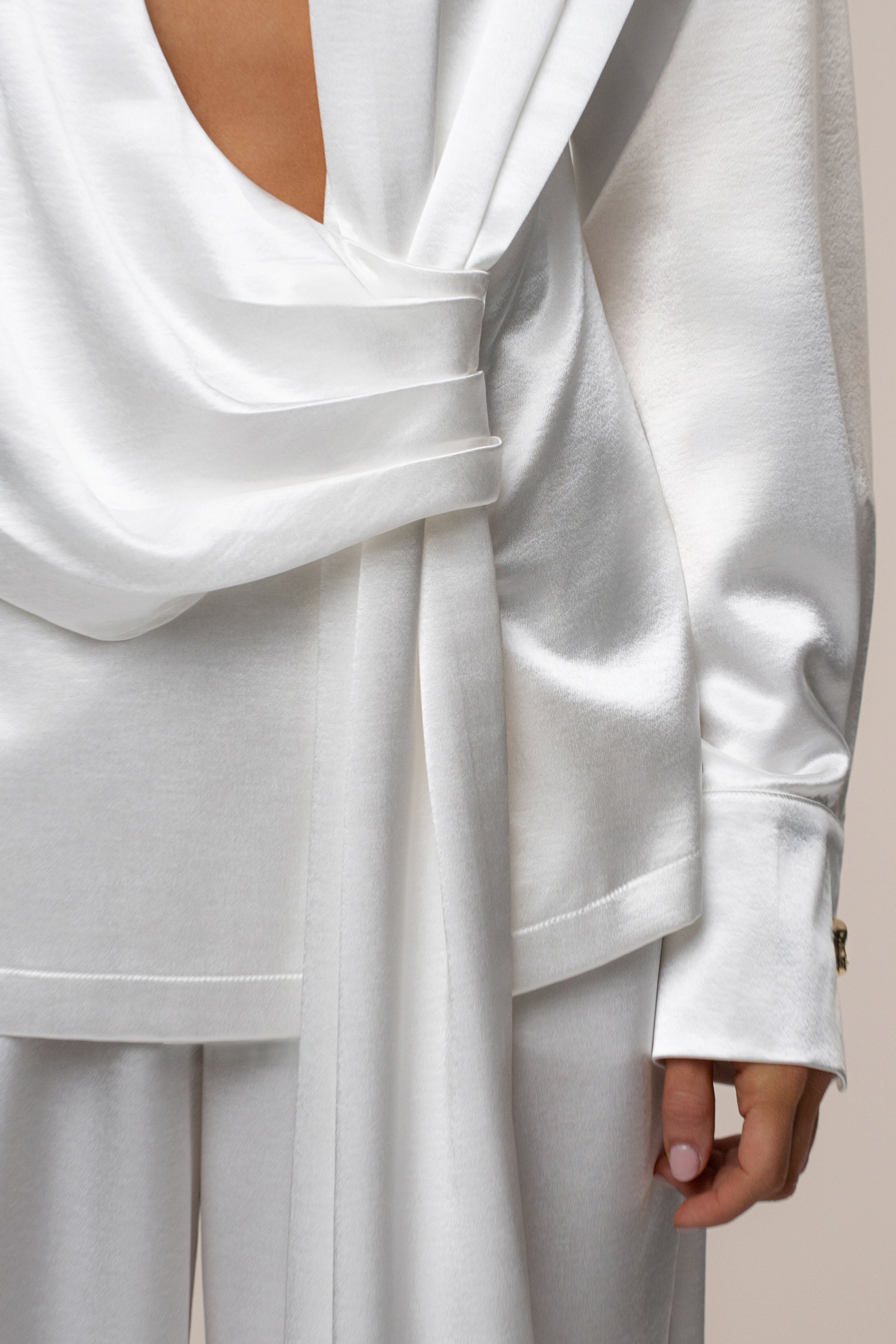 White Statement Draped Satin Top