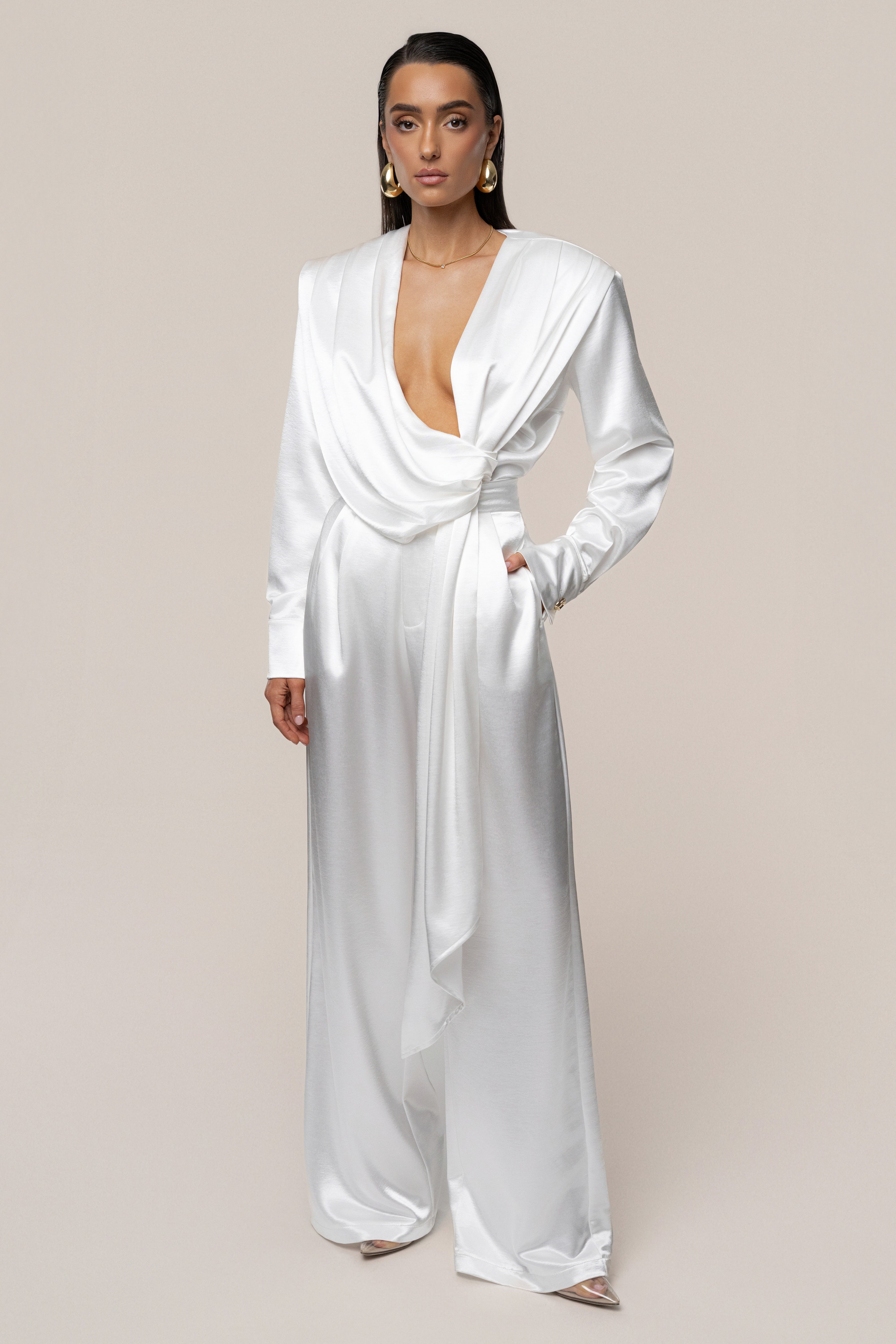 White Statement Draped Satin Top