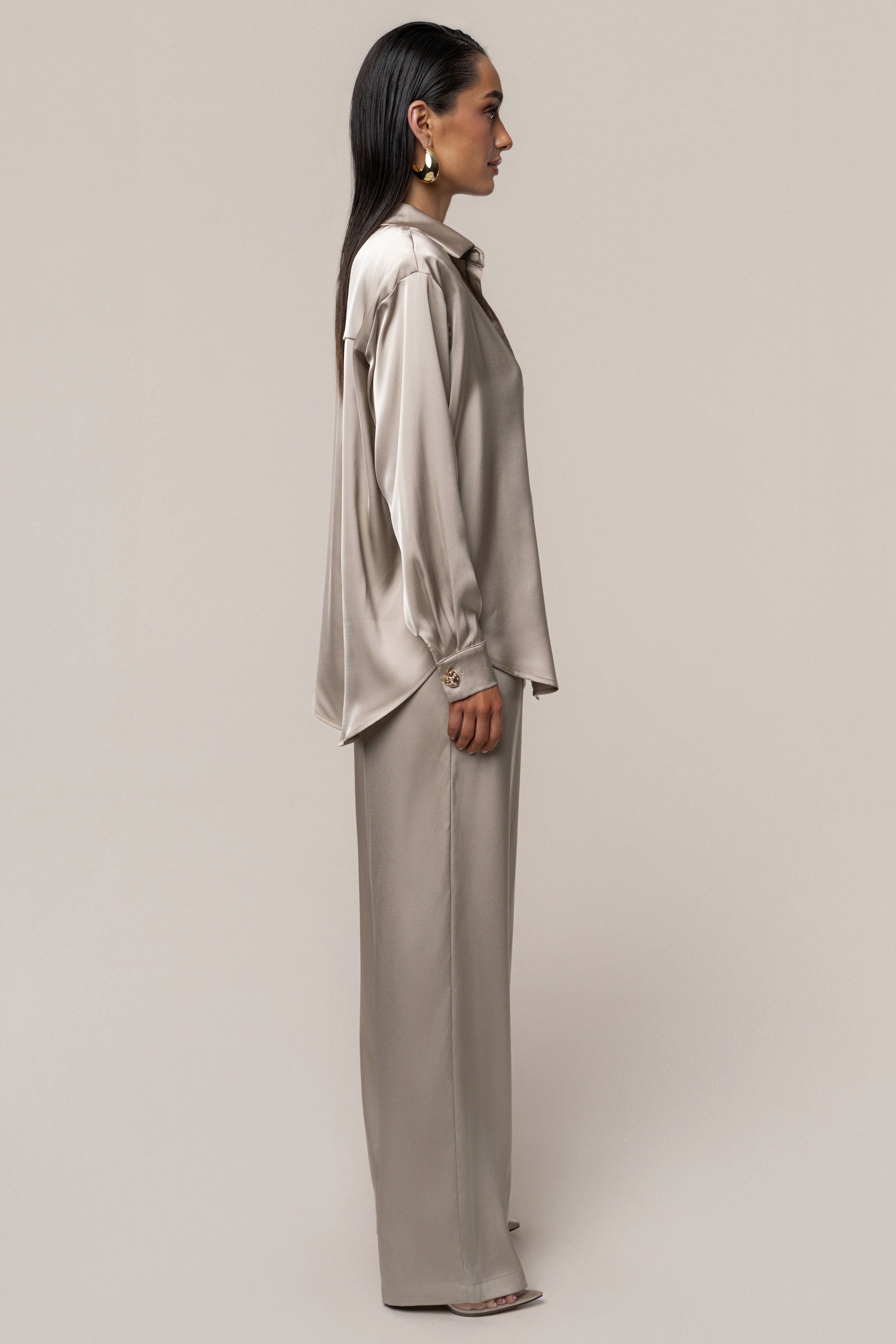 Beige Island Ease Collared Satin Top