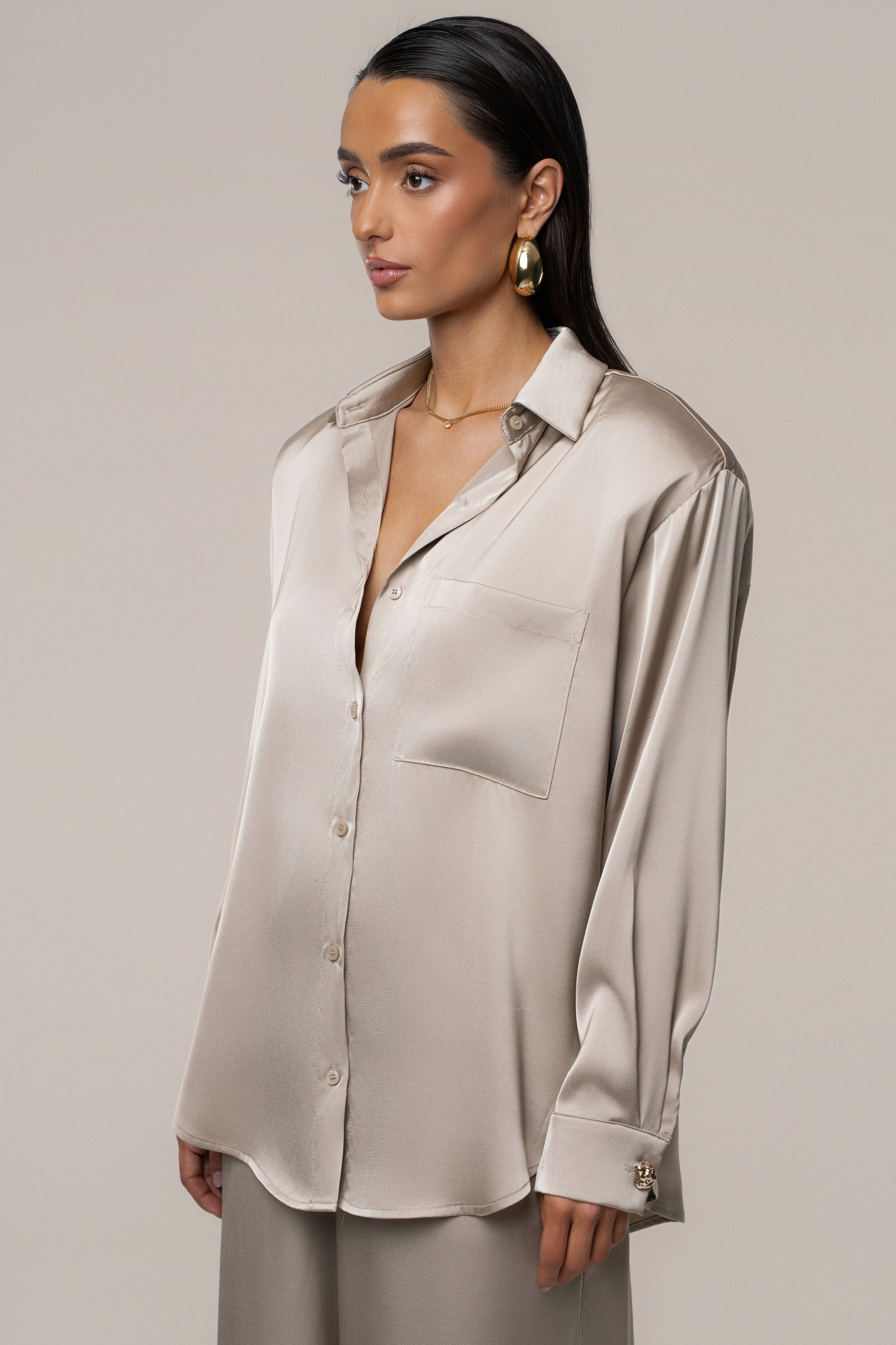Beige Island Ease Collared Satin Top