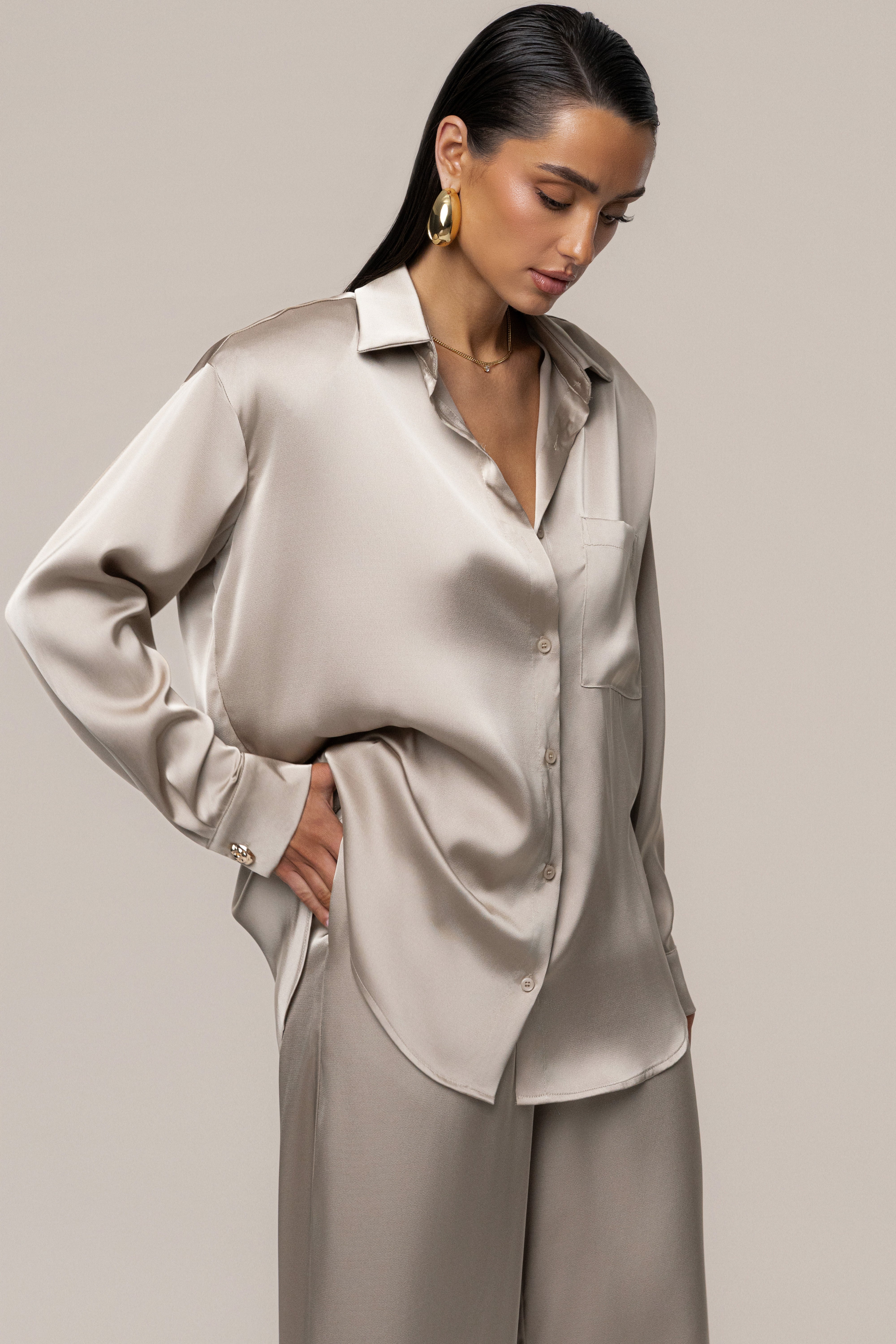 Beige Island Ease Collared Satin Top