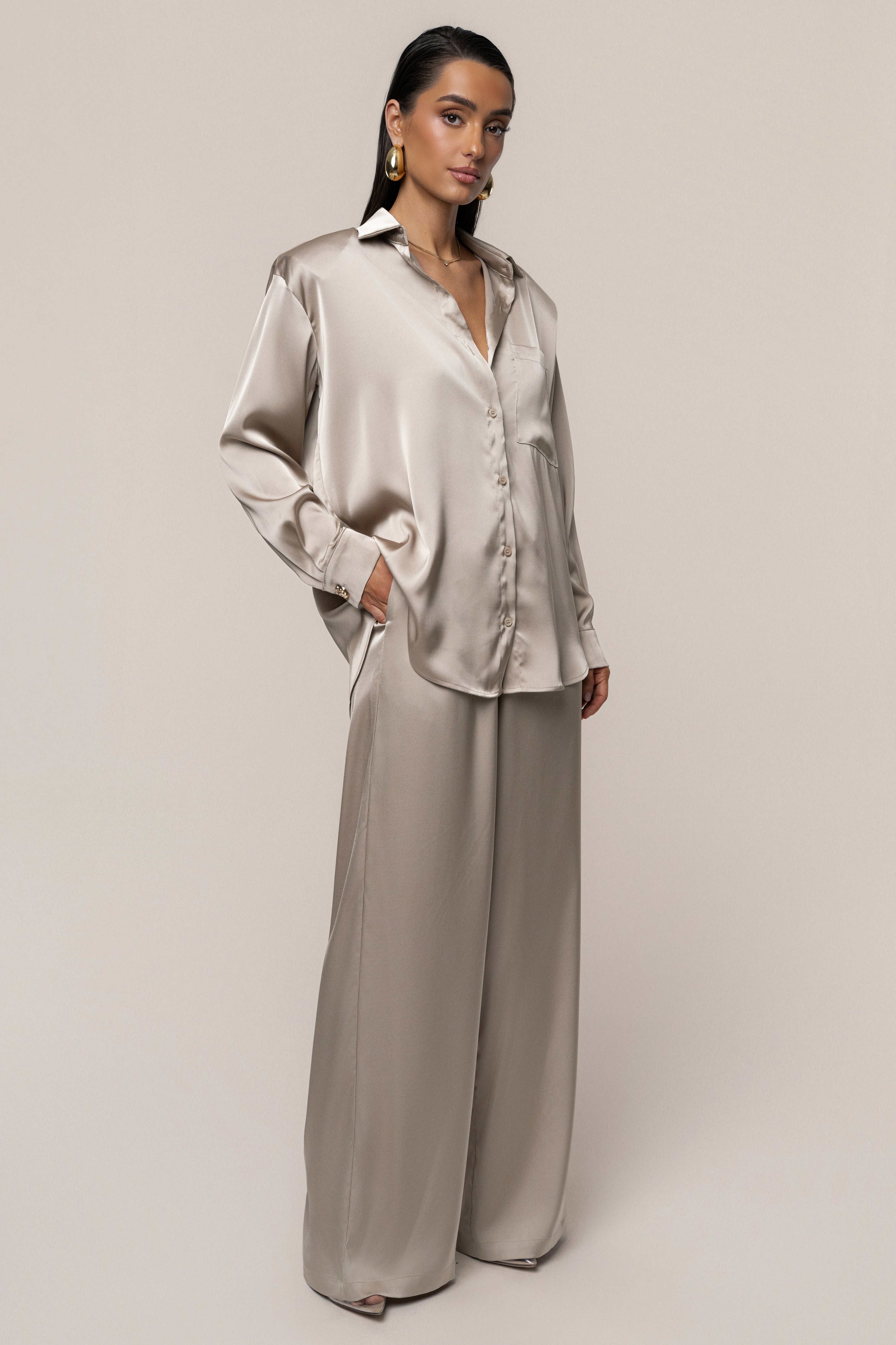 Beige Island Ease Collared Satin Top