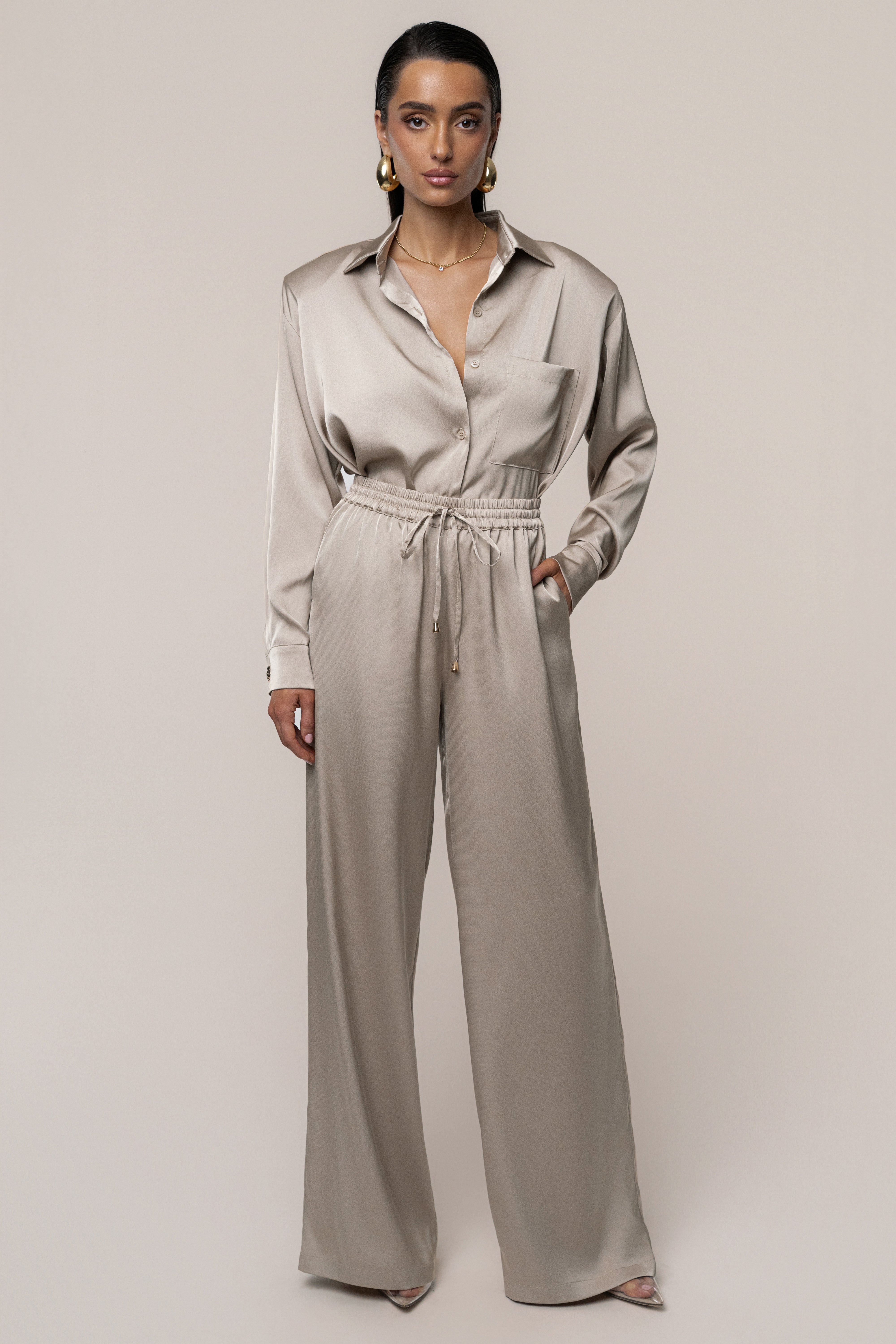 Beige Island Ease Collared Satin Top