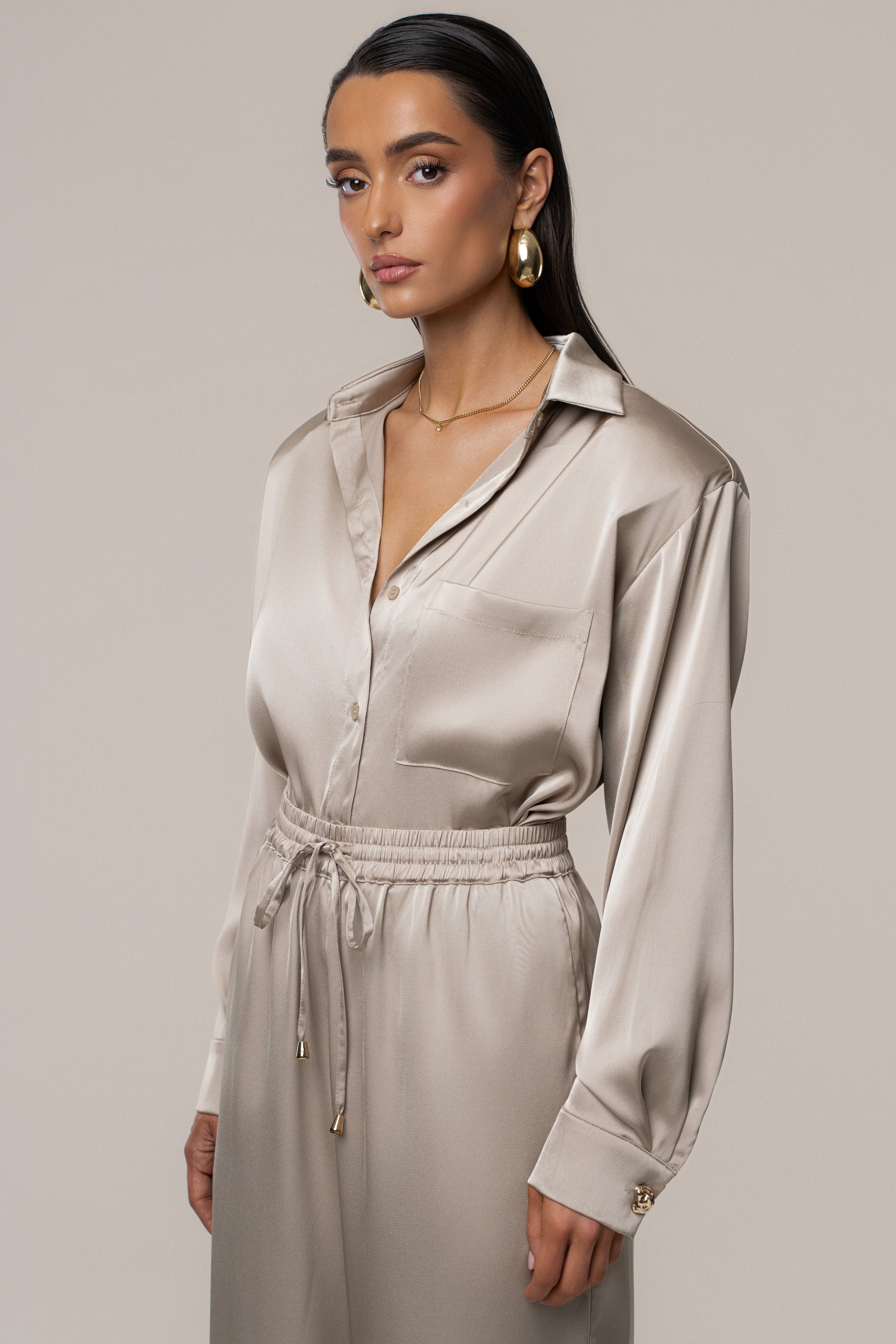 Beige Island Ease Collared Satin Top