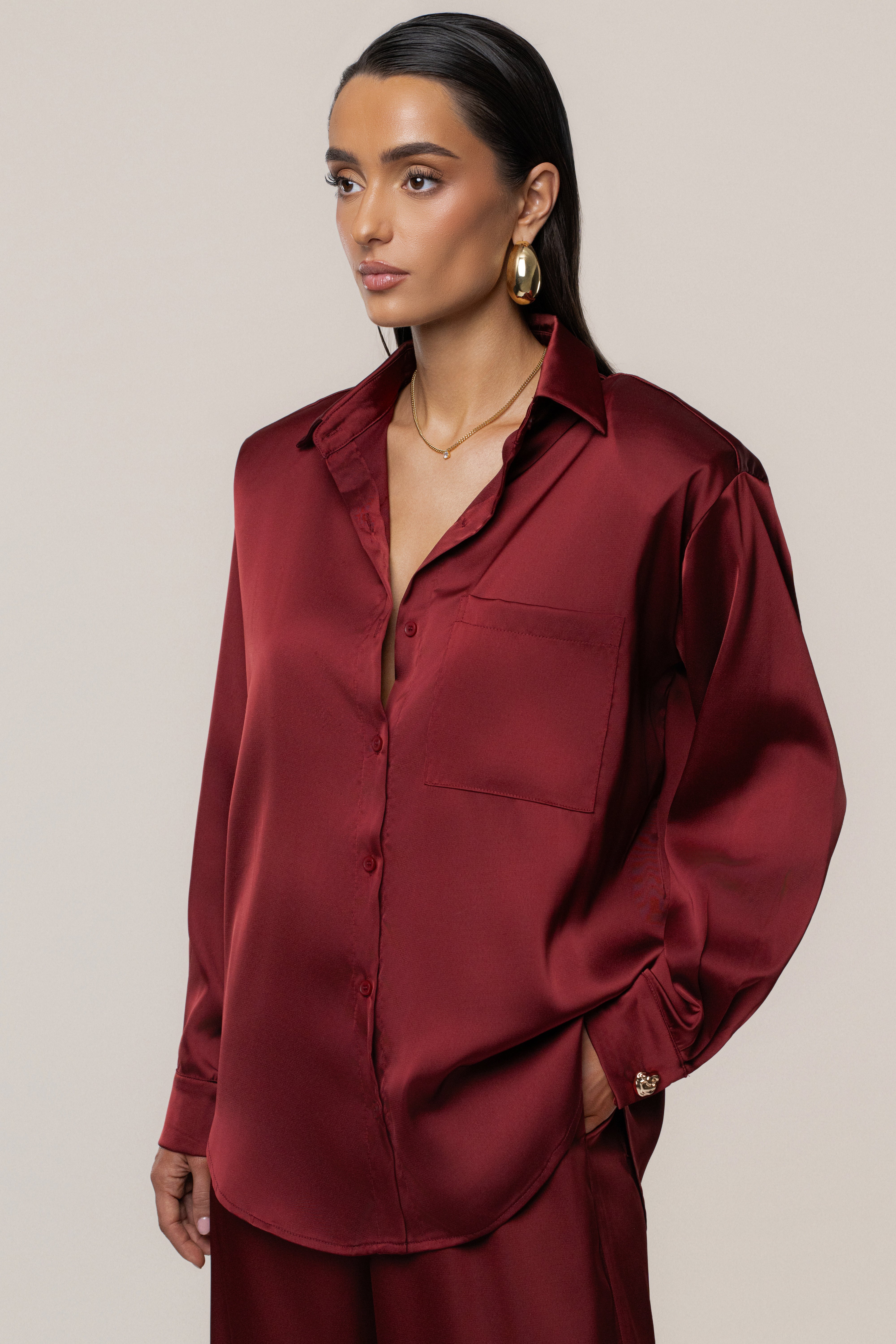 Burgundy Island Ease Collared Satin Top