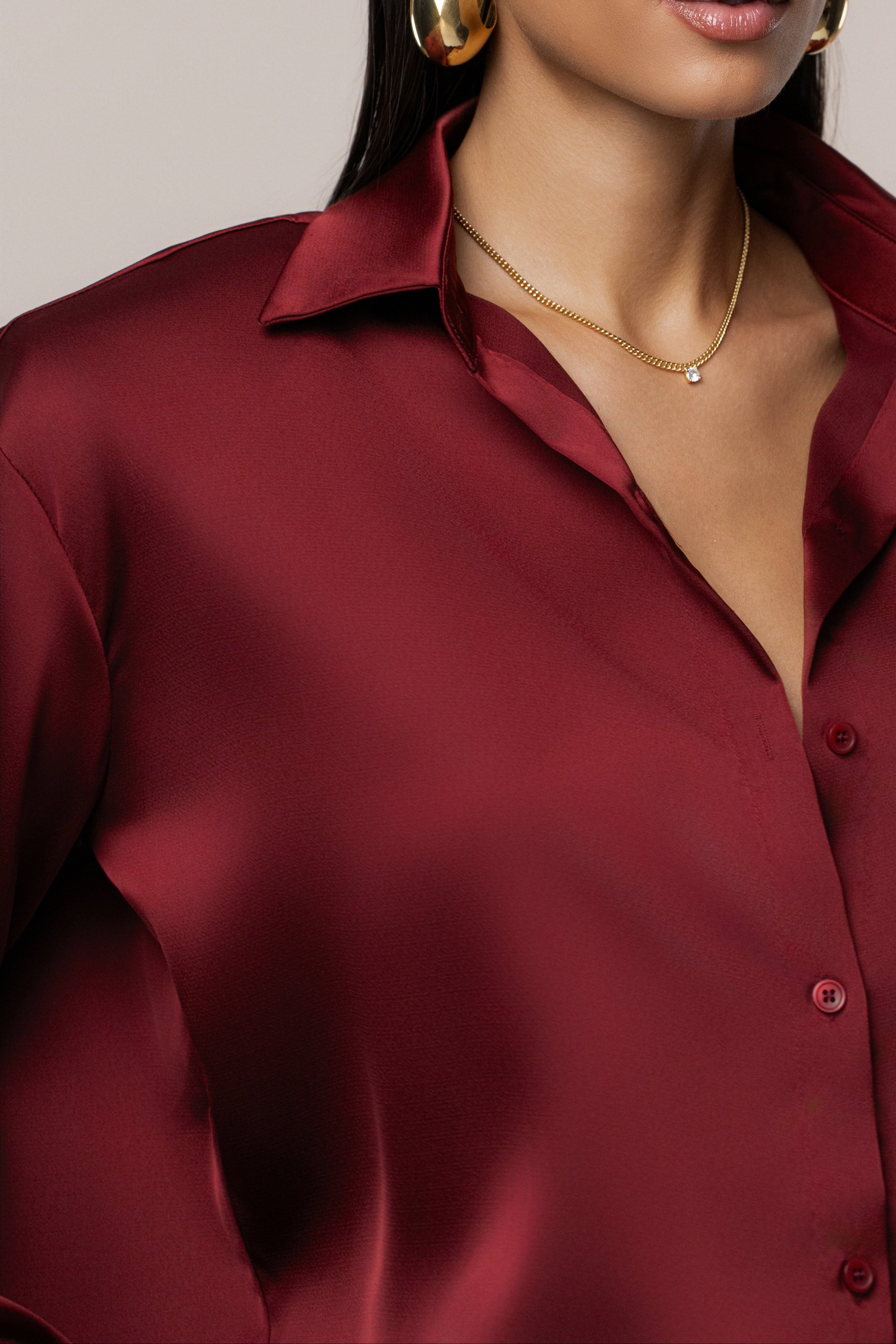 Burgundy Island Ease Collared Satin Top