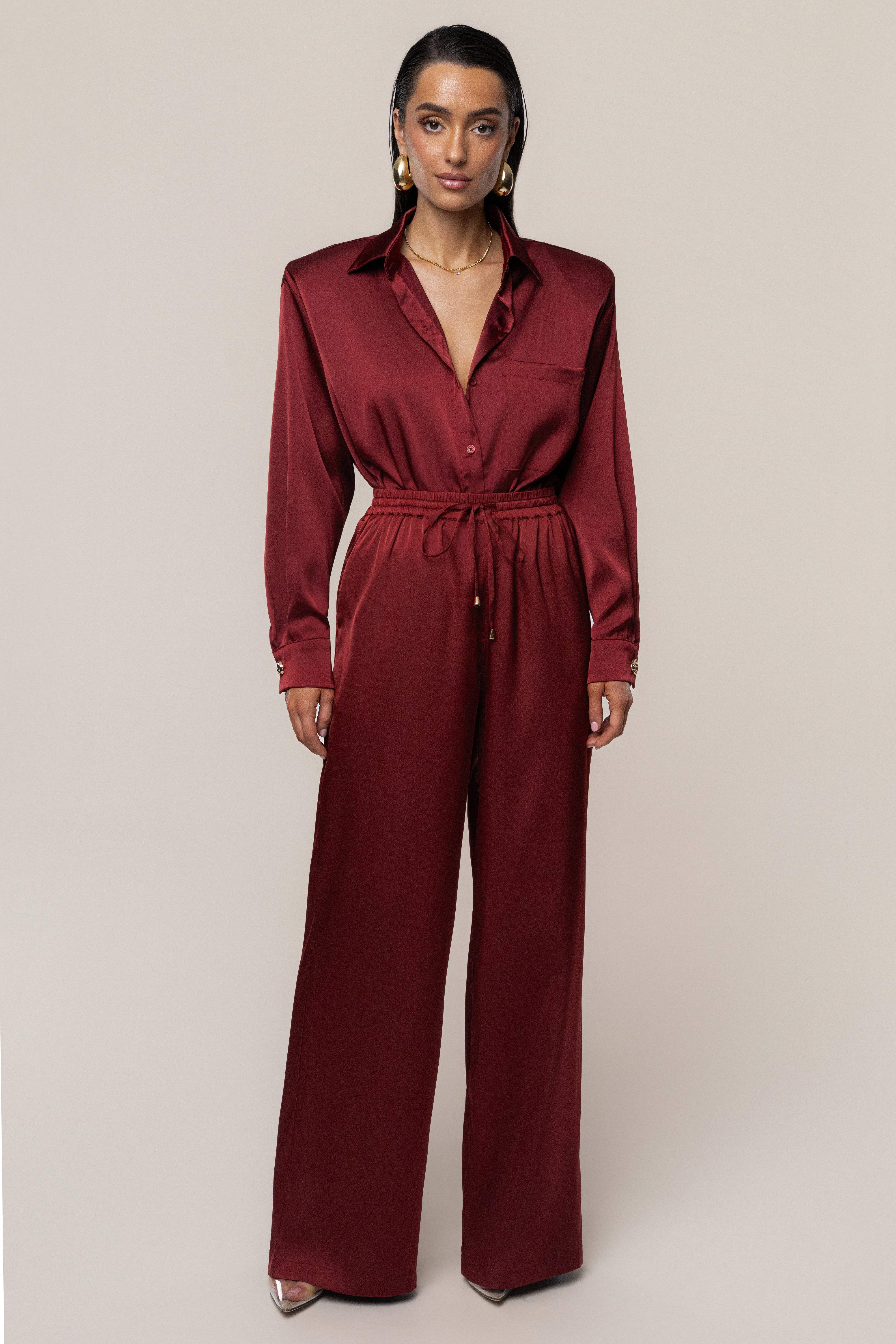 Burgundy Island Ease Collared Satin Top