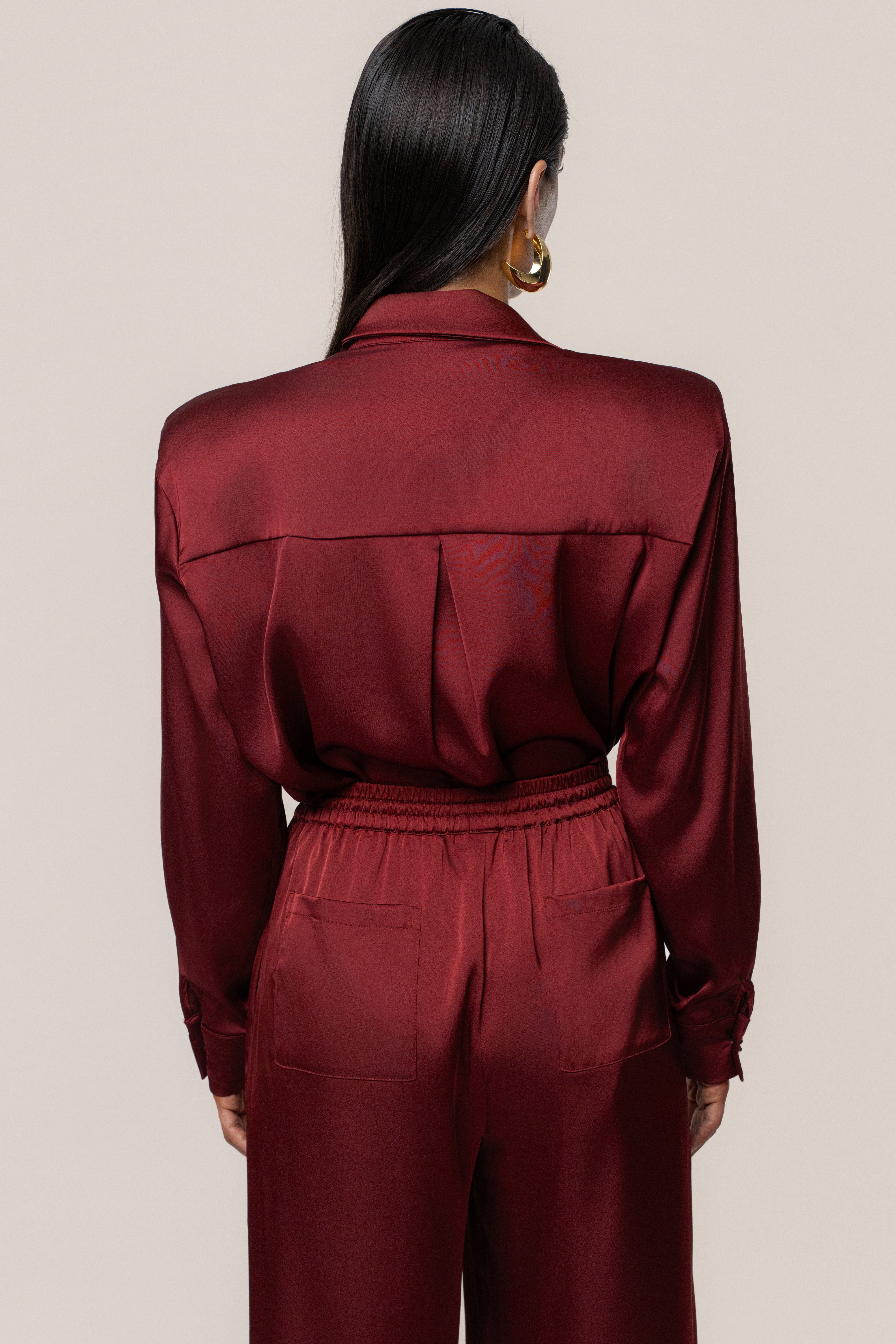 Burgundy Island Ease Collared Satin Top