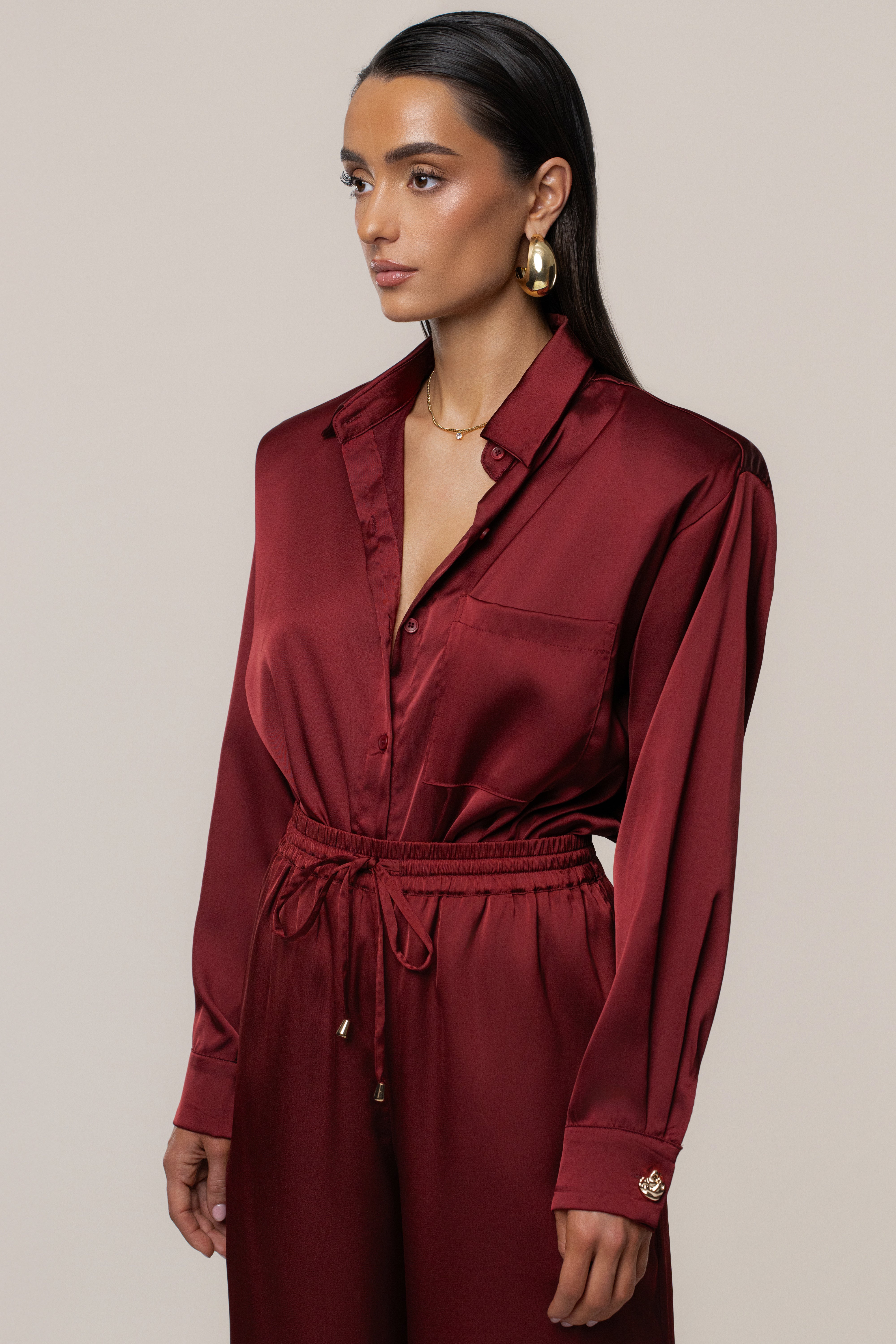 Burgundy Island Ease Collared Satin Top